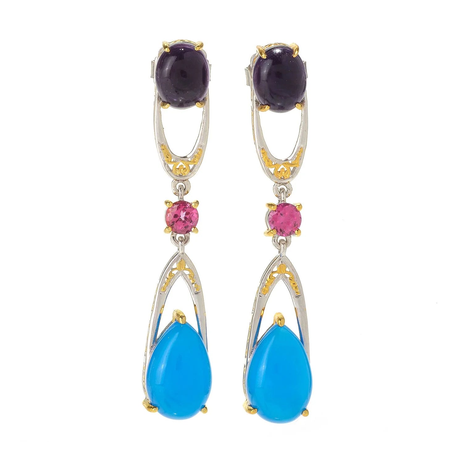 Gems en Vogue Choice of Blue Chalcedony or Black Onyx & Gemstones Drop Earrings