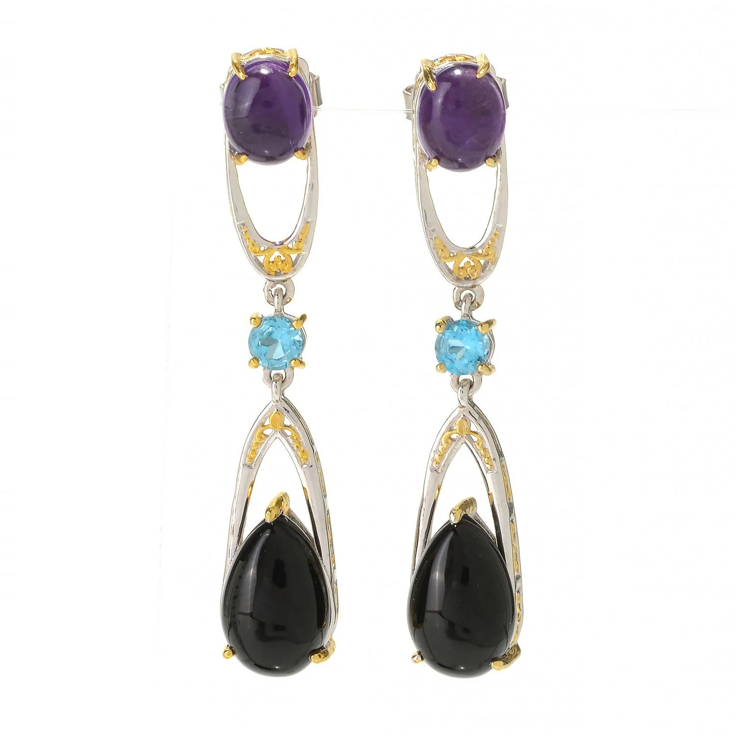 Gems en Vogue Choice of Blue Chalcedony or Black Onyx & Gemstones Drop Earrings