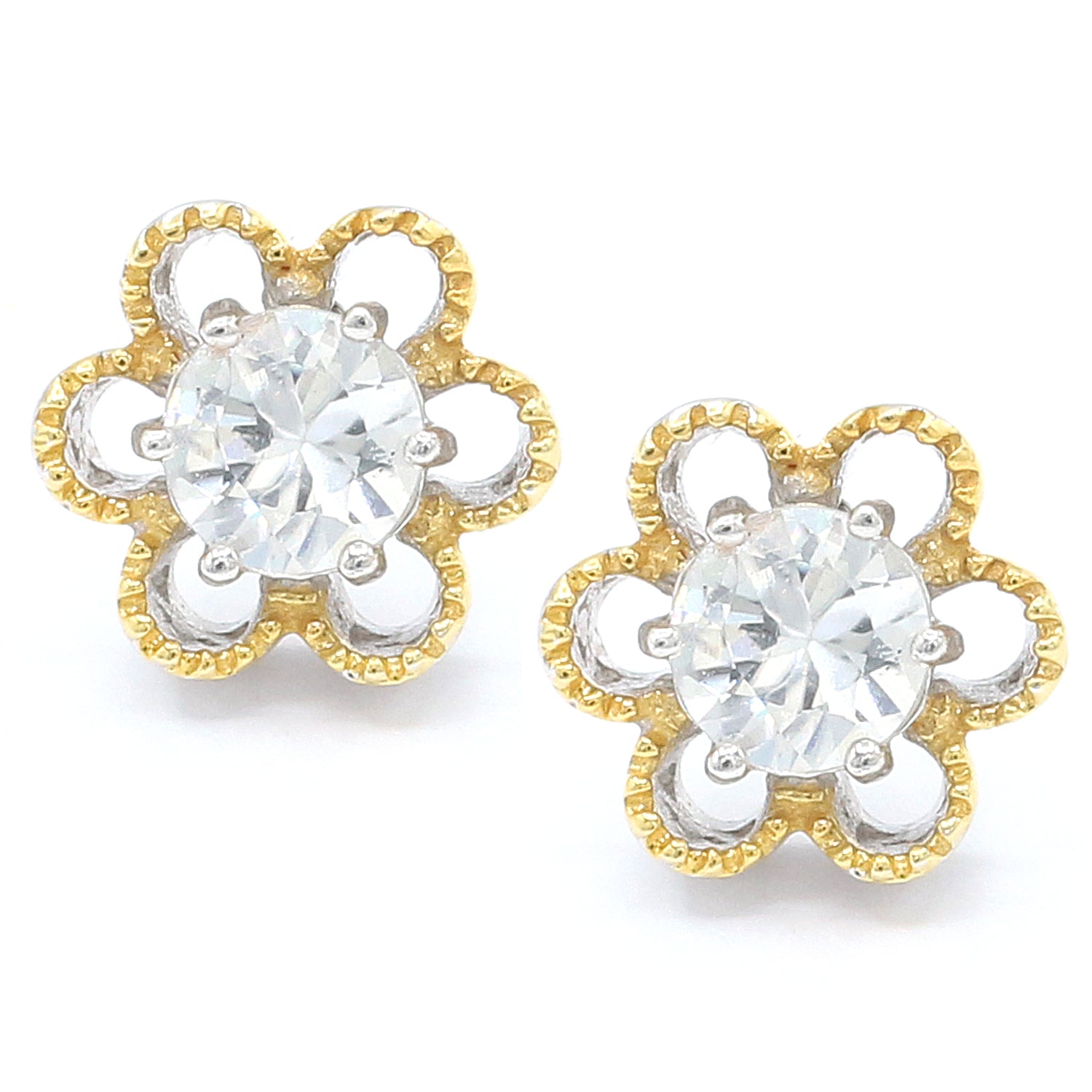 Gems en Vogue 1.44ctw Round White Zircon Flower Stud Earrings