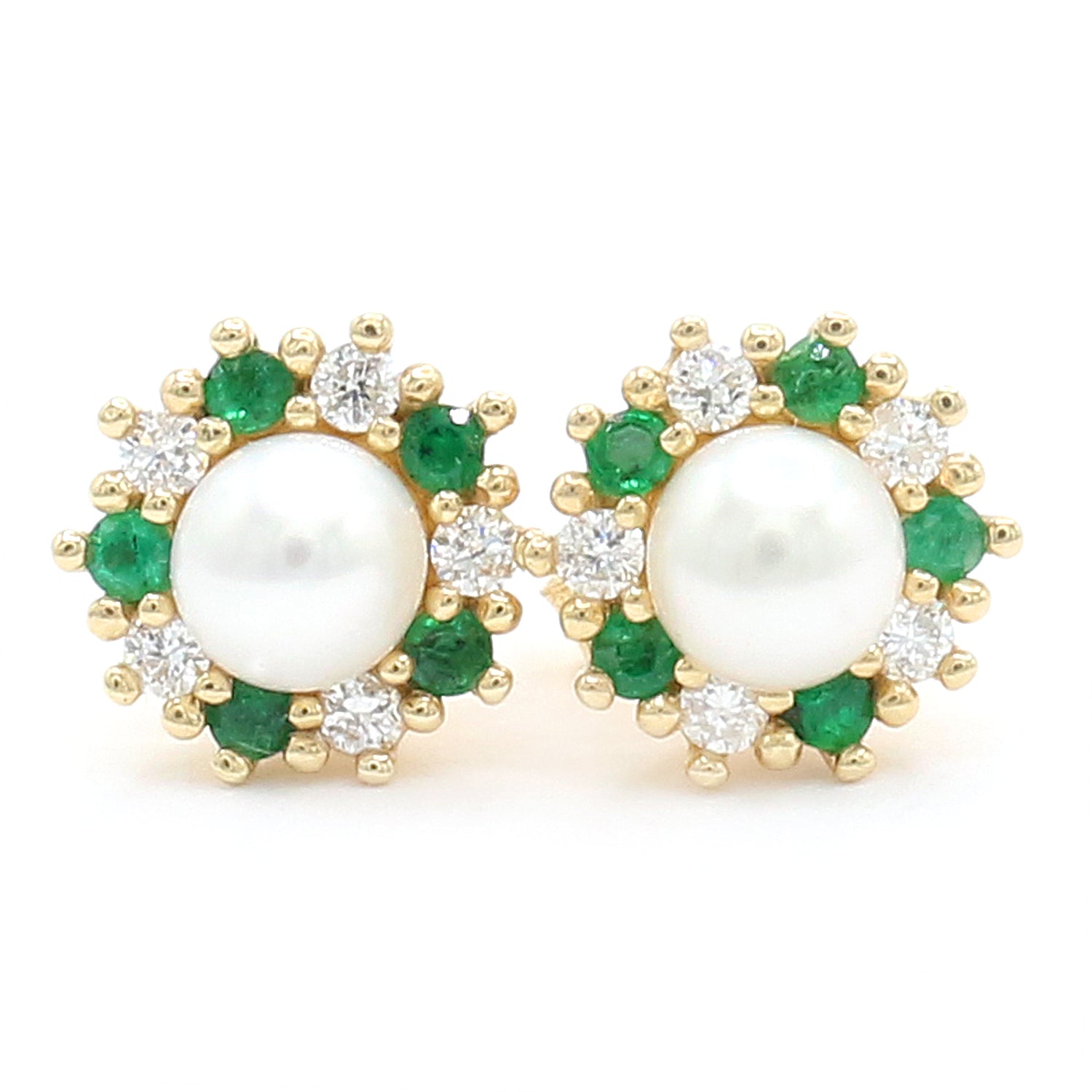 Gems en Vogue Luxe, 14K Yellow Gold 0.30ctw White Freshwater Pearl, Emerald & Diamond Flower Stud Earrings