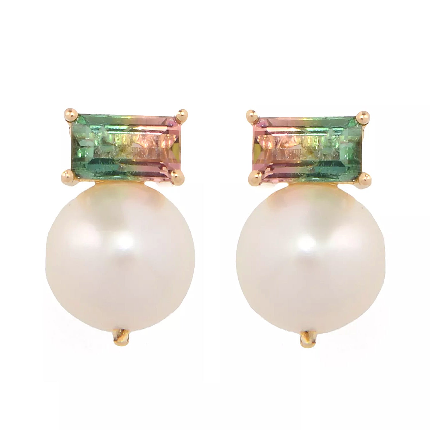 Gems en Vogue 14K Yellow Gold Watermelon Tourmaline & Cultured Pearl Stud Earrings