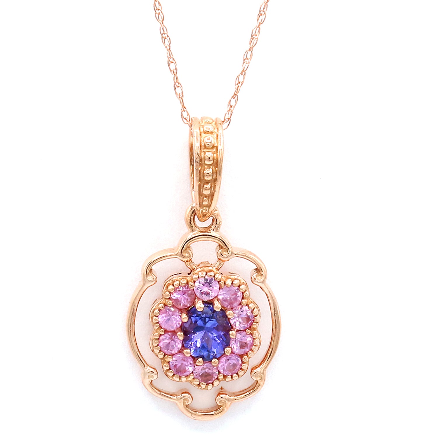 Gems en Vogue 14K Rose Gold 1.00ctw Tanzanite & Pink Sapphire Cluster Pendant