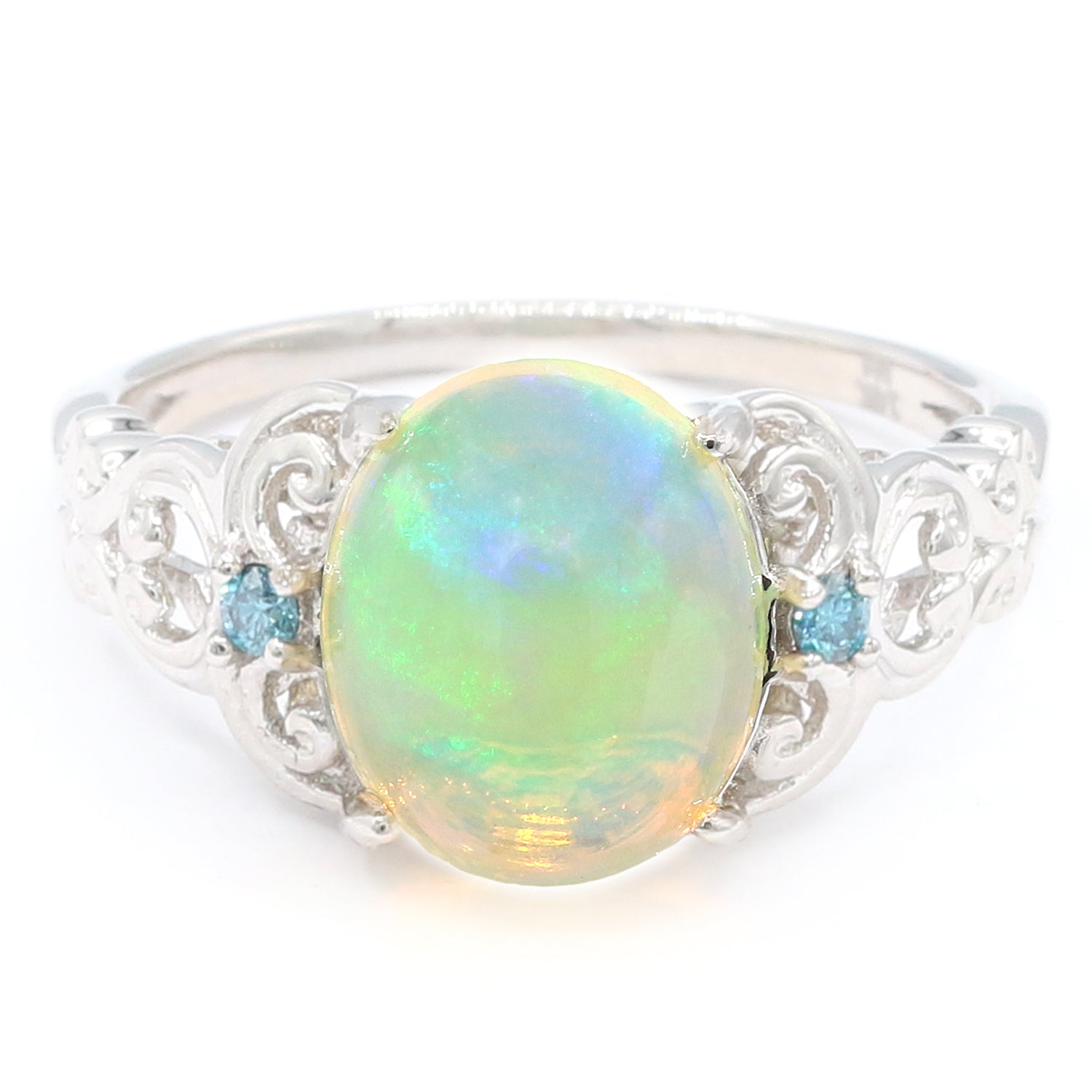 Gems en Vogue 14K White Gold Ethiopian Opal & Blue Diamond Ring