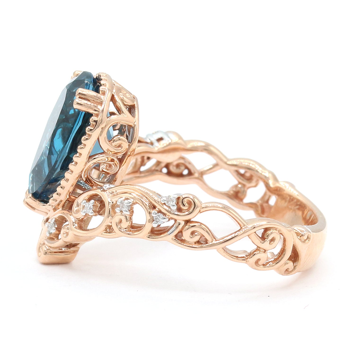 Gems en Vogue 14K Rose Gold 3.69ctw Pearshaped London Blue Topaz & Diamond Ring