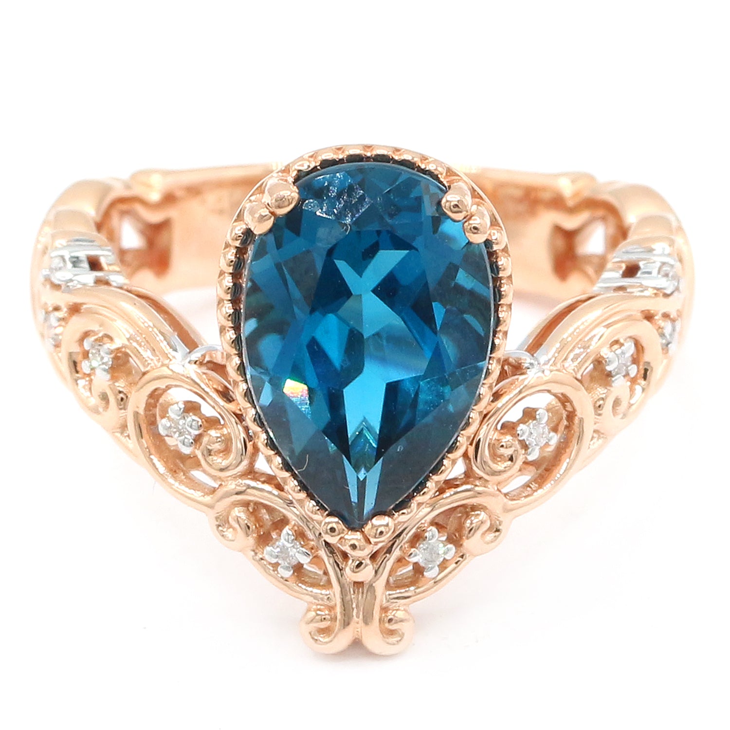 Gems en Vogue 14K Rose Gold 3.69ctw Pearshaped London Blue Topaz & Diamond Ring