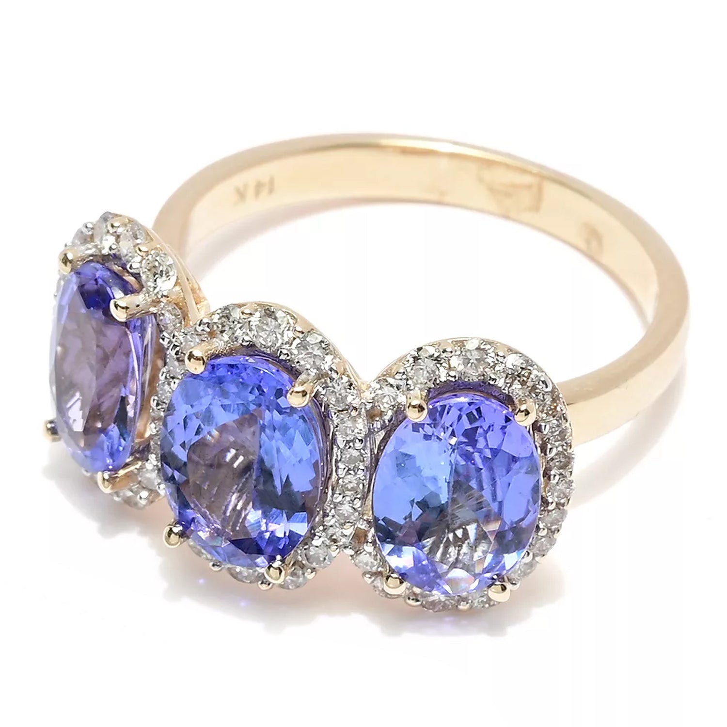 Gems en Vogue Luxe 14K Yellow Gold 4.52ctw Tanzanite & Diamond Three Stone Ring