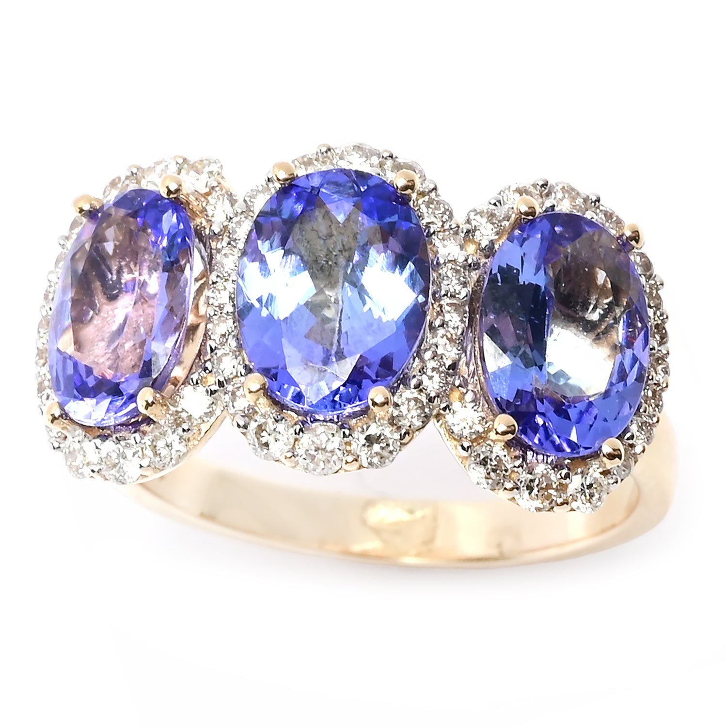 Gems en Vogue Luxe 14K Yellow Gold 4.52ctw Tanzanite & Diamond Three Stone Ring