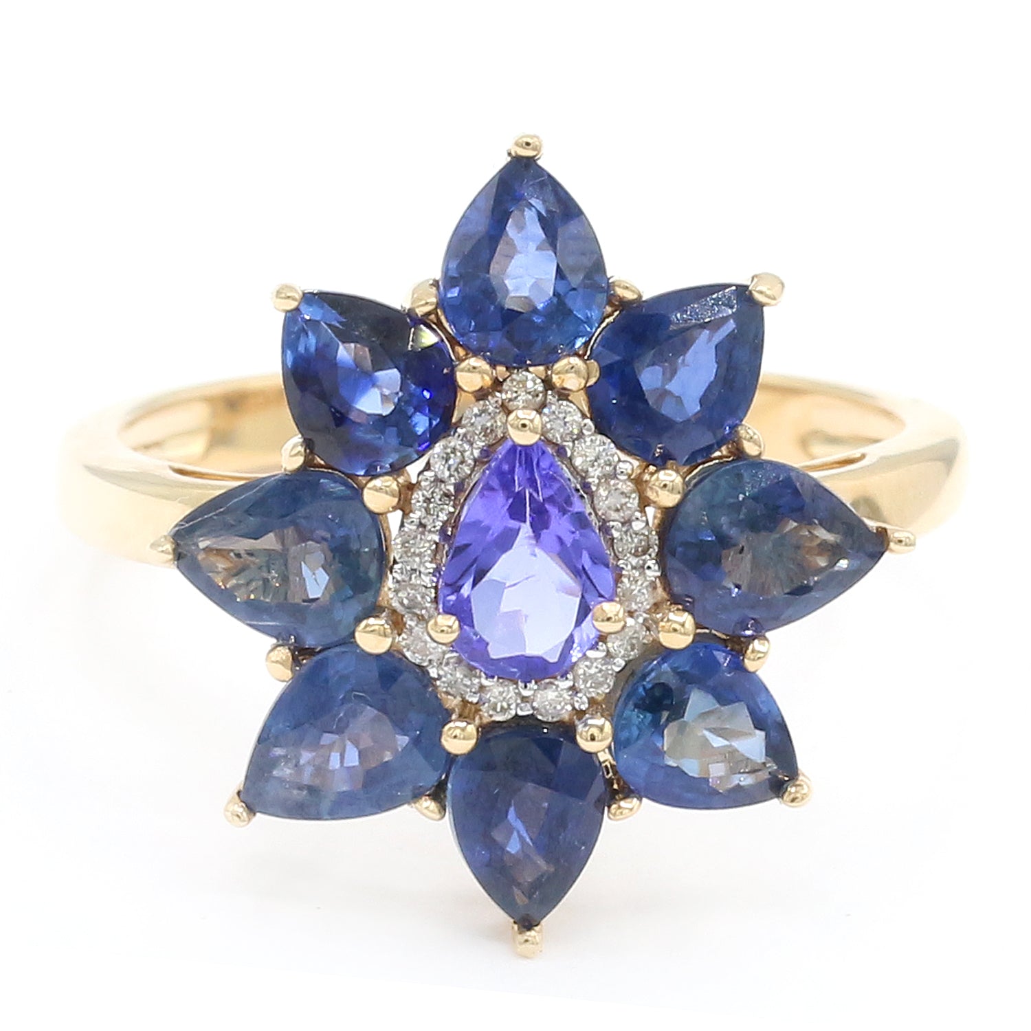 Gems en Vogue Luxe Collection 14K Yellow Gold 3.70ctw Tanzanite, Burmese Blue Sapphire & Diamond Ring