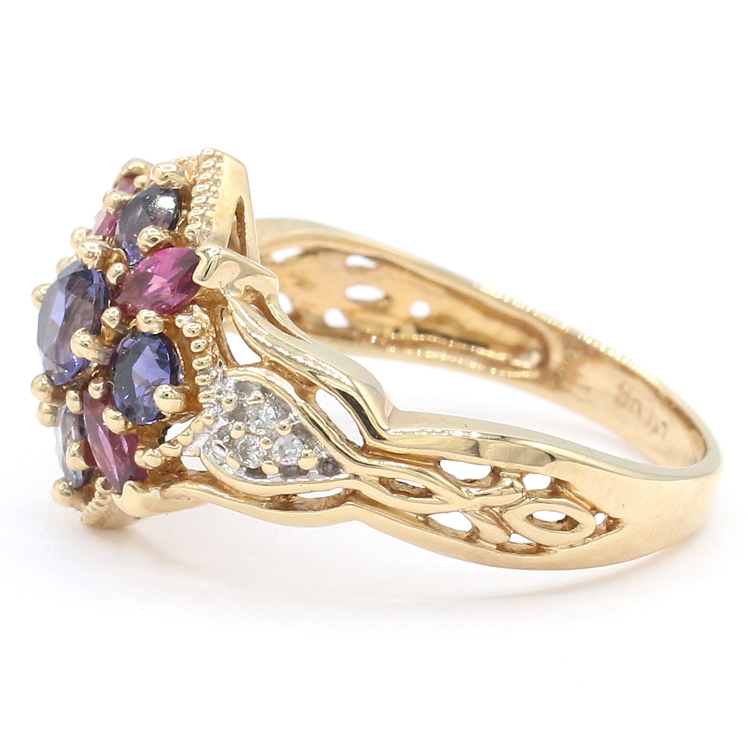 Gems en Vogue 14K Yellow Gold 1.09ctw Iolite, Rhodolite Garnet & Diamond Ring