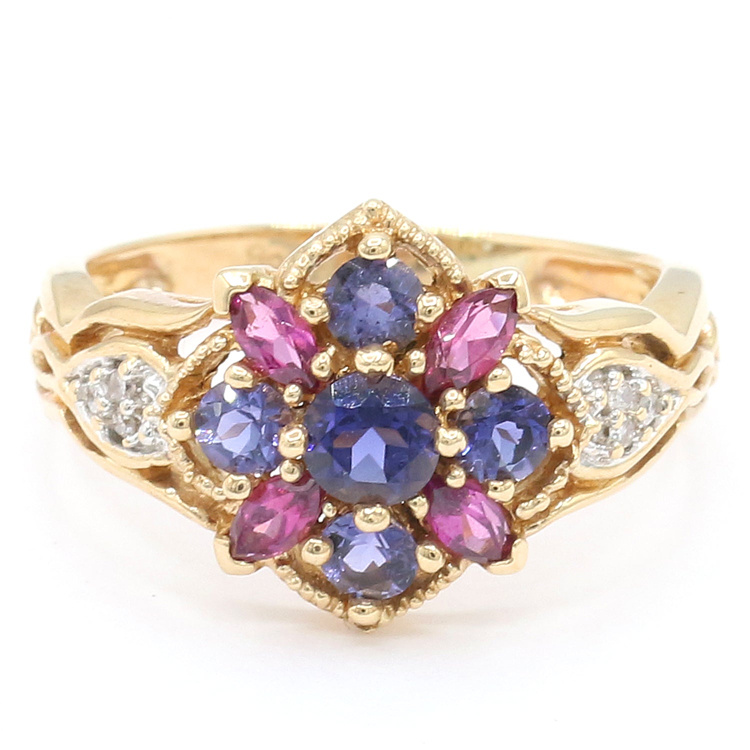 Gems en Vogue 14K Yellow Gold 1.09ctw Iolite, Rhodolite Garnet & Diamond Ring