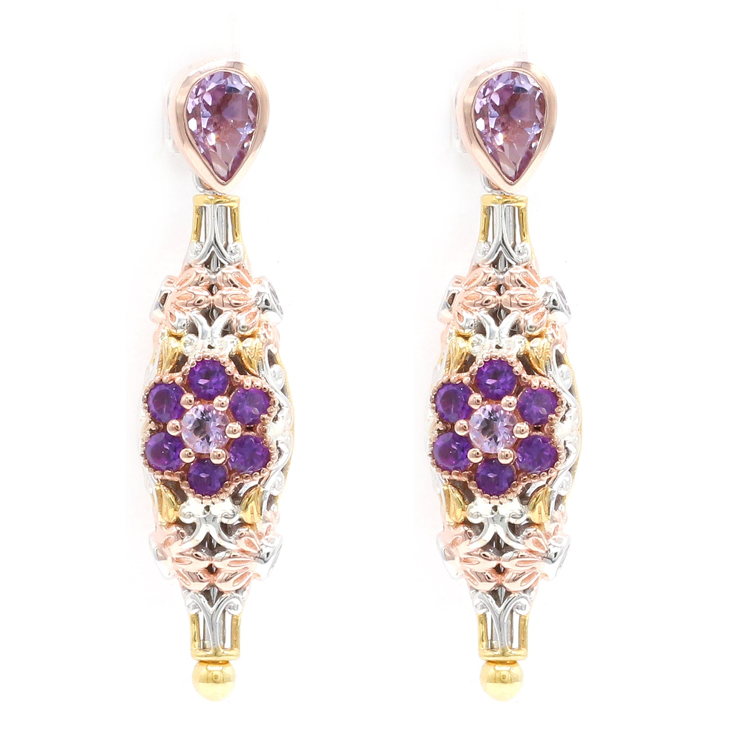 Gems en Vogue 3.60ctw Multi Amethyst & Tanzanite Drop Earrings