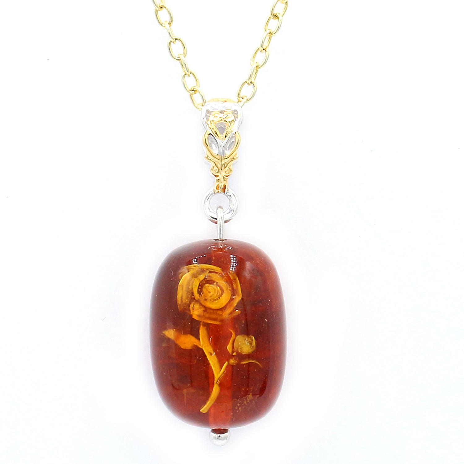 Gems en Vogue Carved Rose Flower Amber Drop Pendant