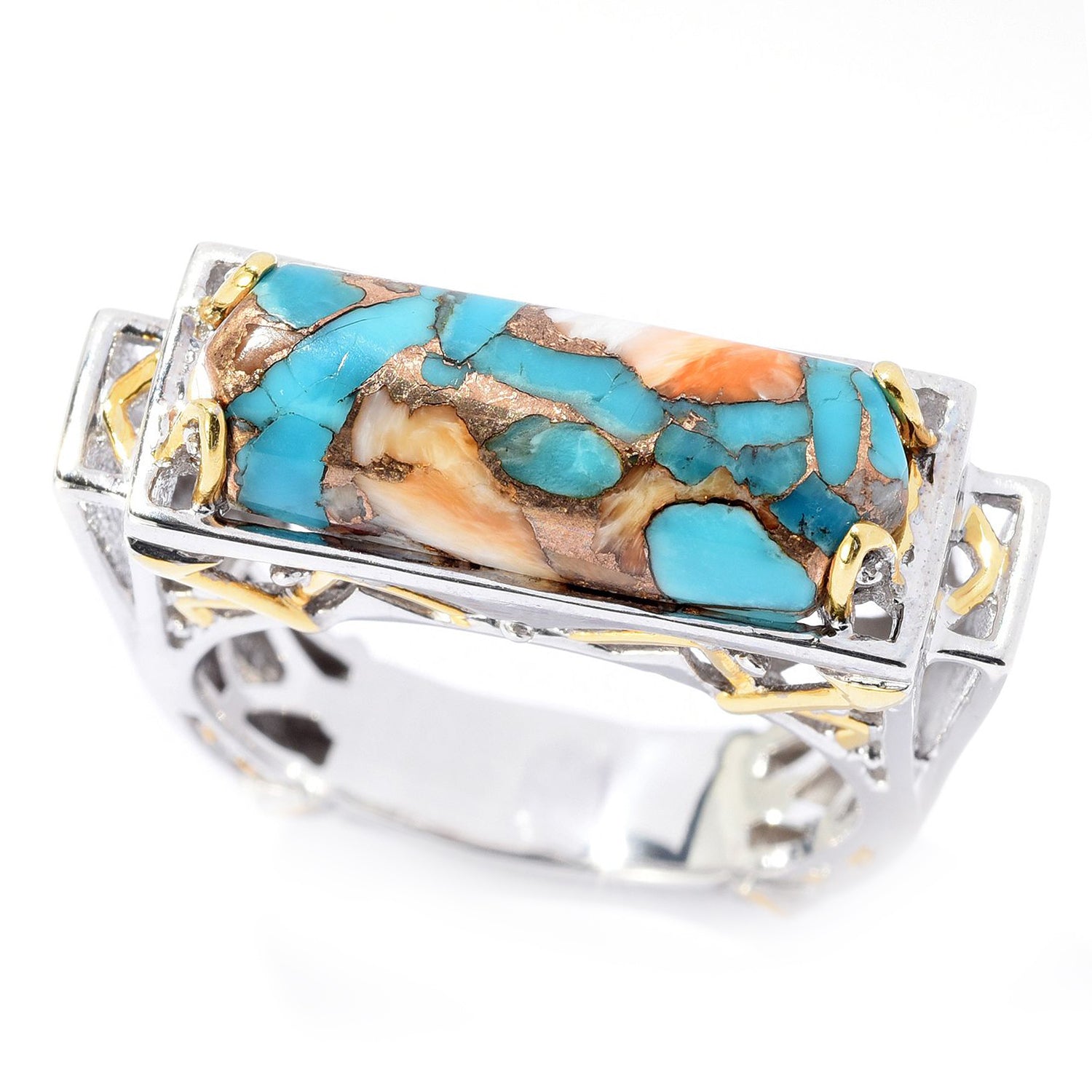 Gems en Vogue Rectangular Spiny Oyster Turquoise Arrow Ring