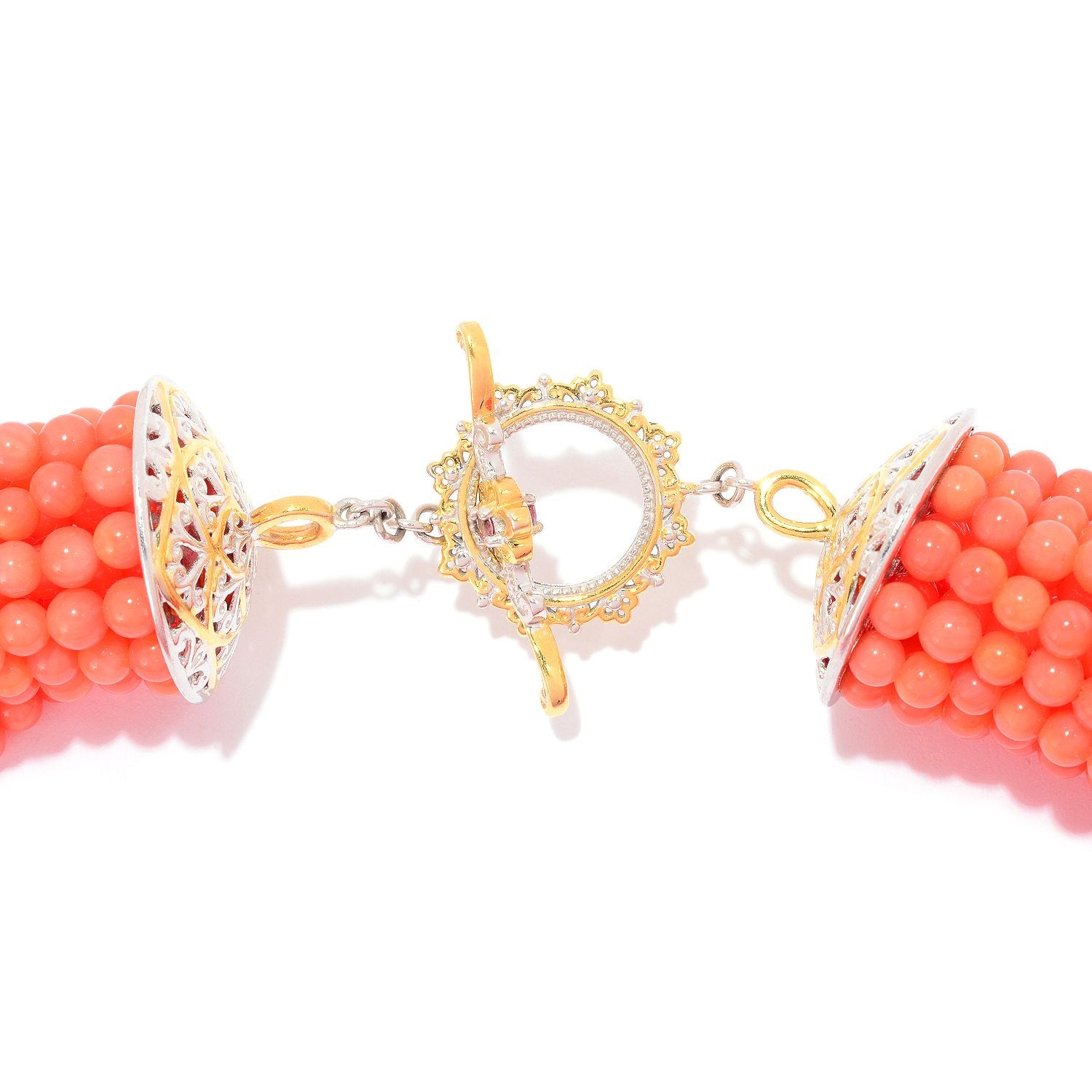 Gems en Vogue Salmon Coral & Pink Tourmaline Multi Strand Bead Toggle Necklace