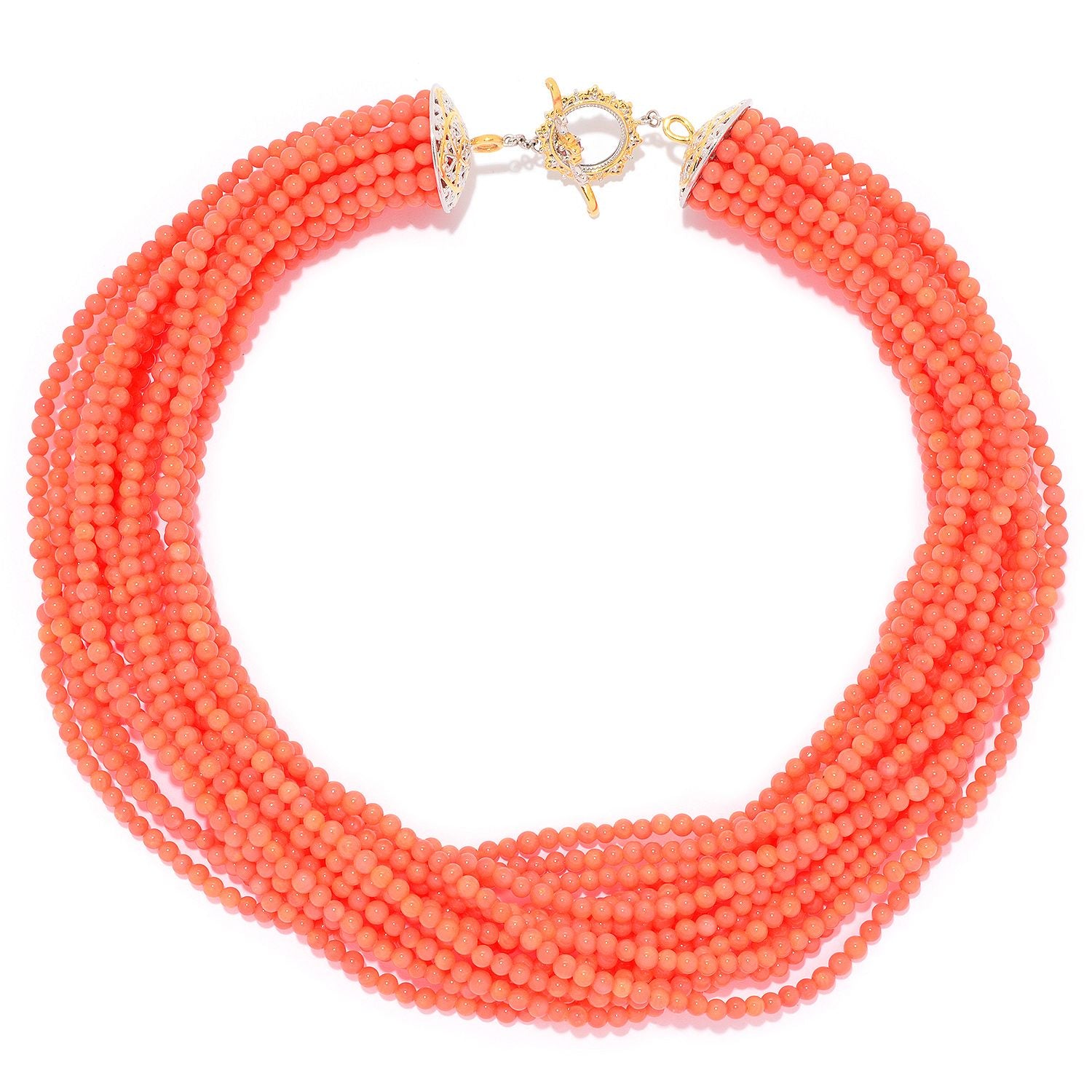 Gems en Vogue Salmon Coral & Pink Tourmaline Multi Strand Bead Toggle Necklace