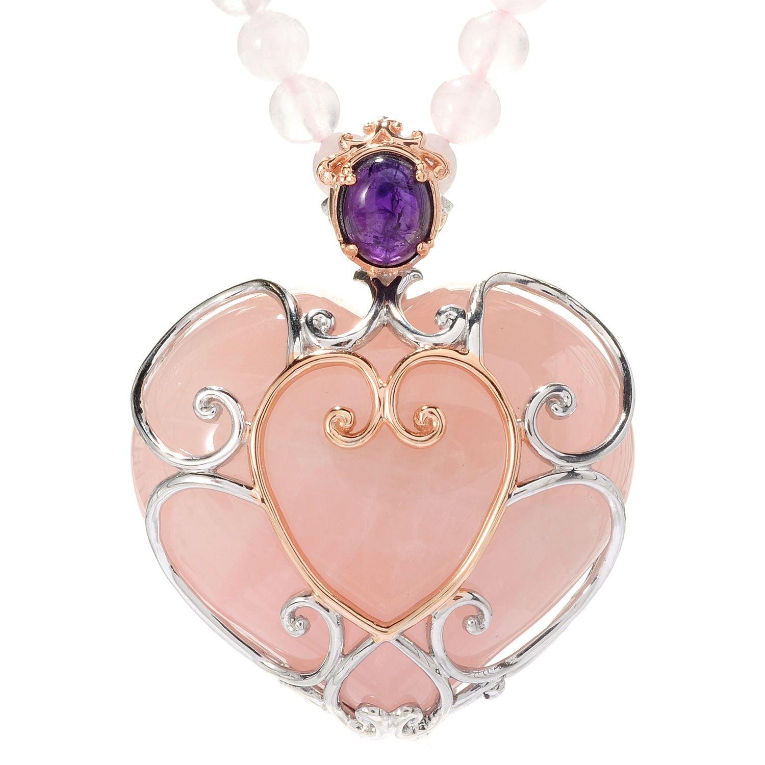 Gems en Vogue Rose Quartz & African Amethyst Heart Necklace