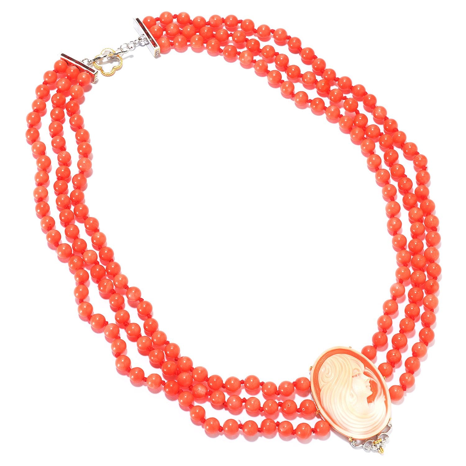 Gems en Vogue Carved Lady Portrait Cameo & Salmon Coral Bead Strands Necklace