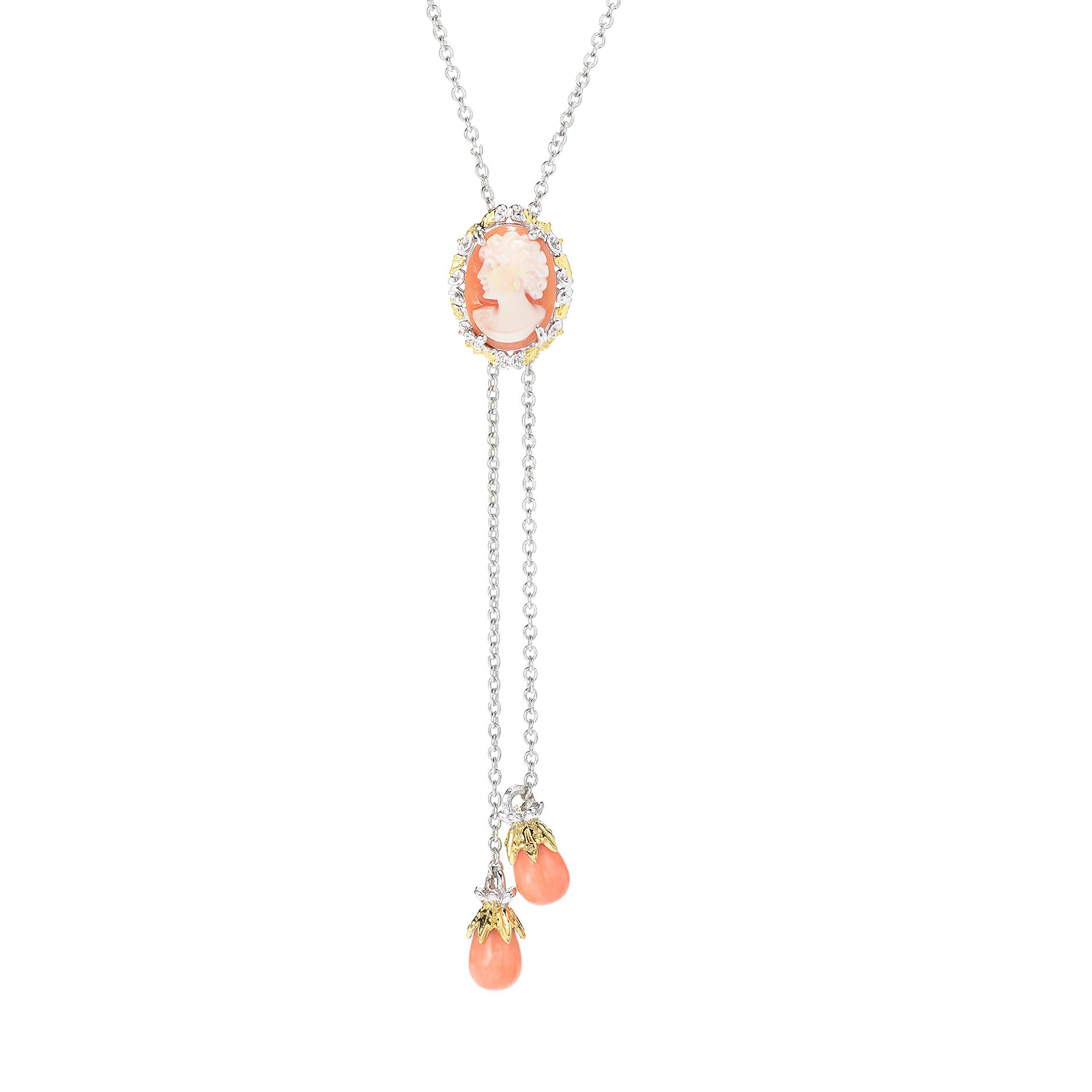 Gems en Vogue 24K Palladium Silver Carved Lady Cameo & Coral Bolo Necklace
