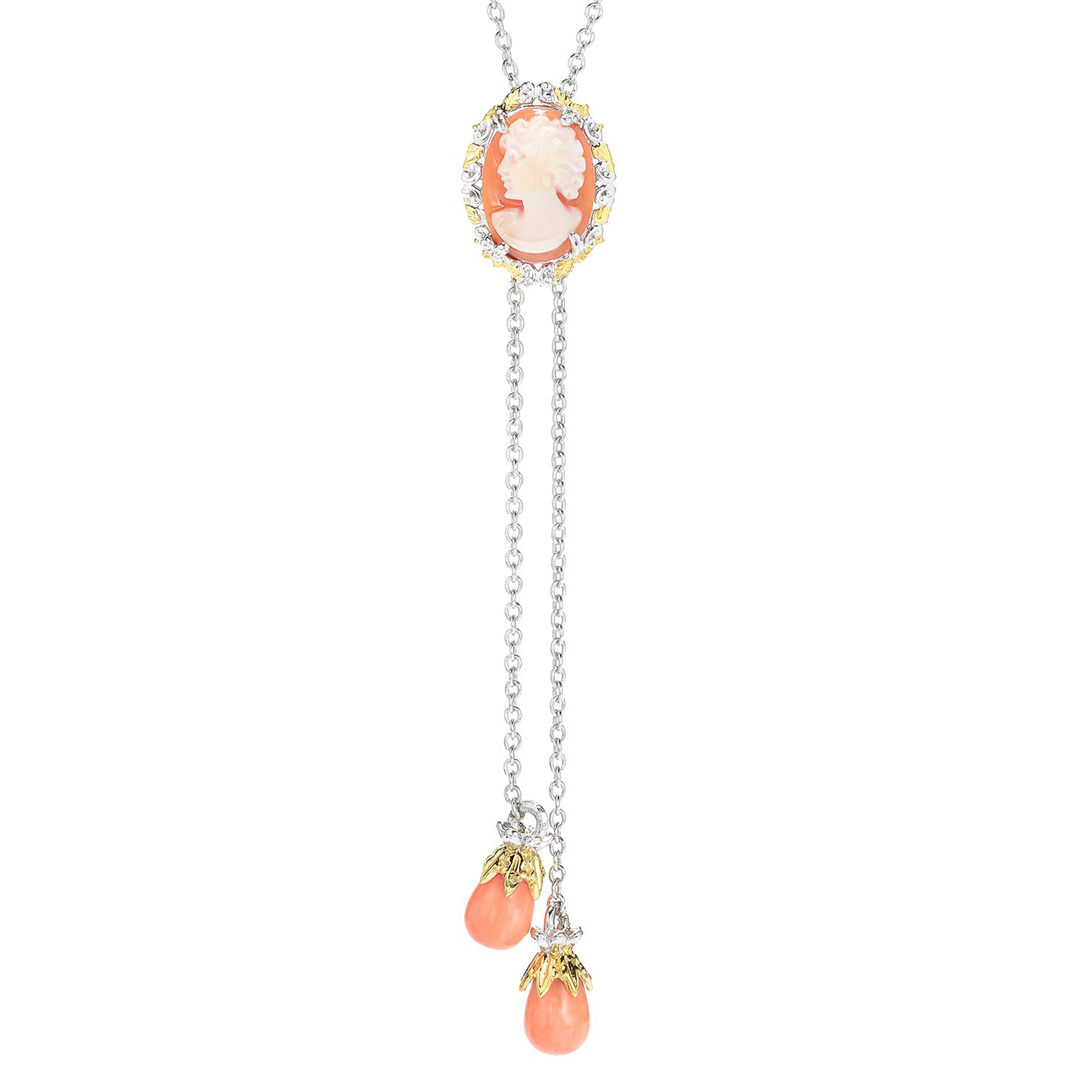 Gems en Vogue 24K Palladium Silver Carved Lady Cameo & Coral Bolo Necklace