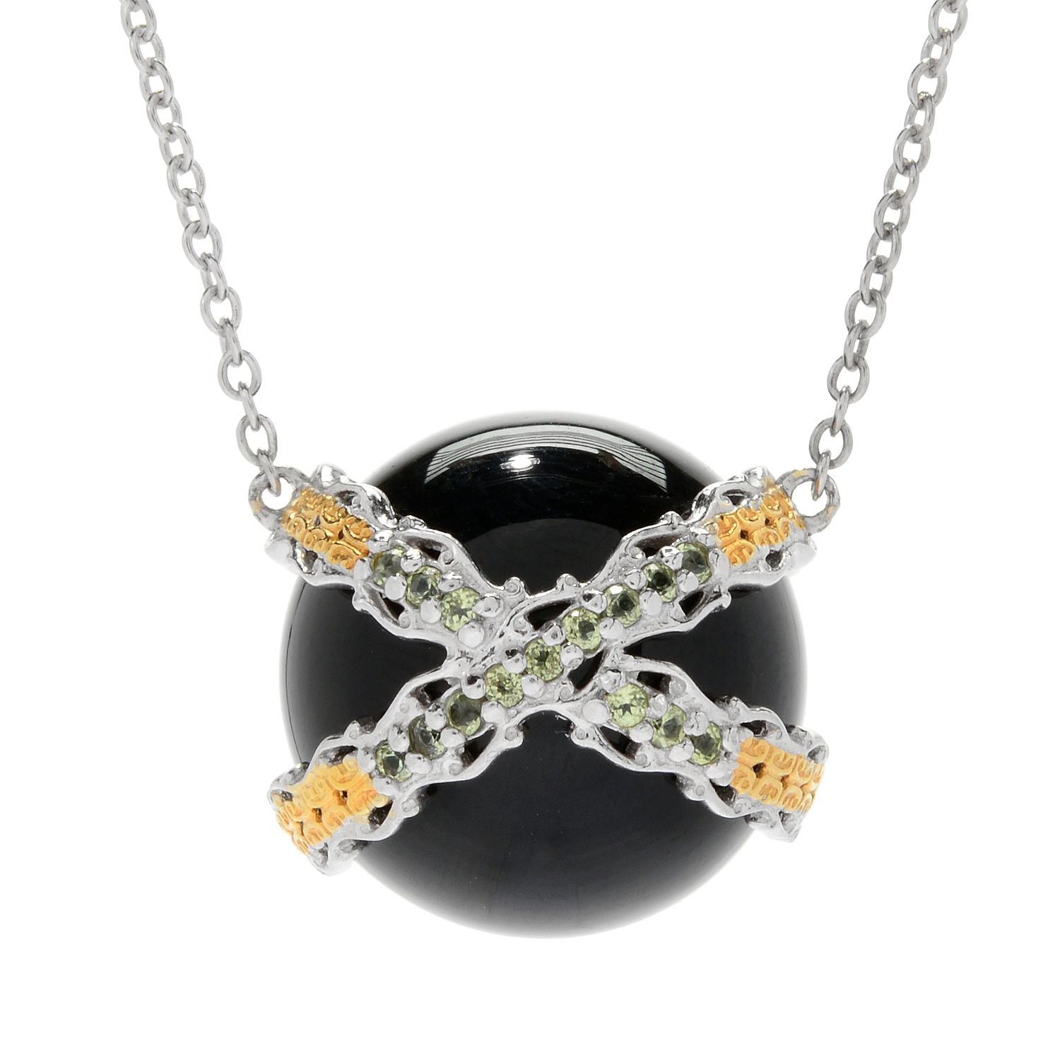 Gems en Vogue 24K Palladium Silver Black Onyx Bead & Peridot Necklace