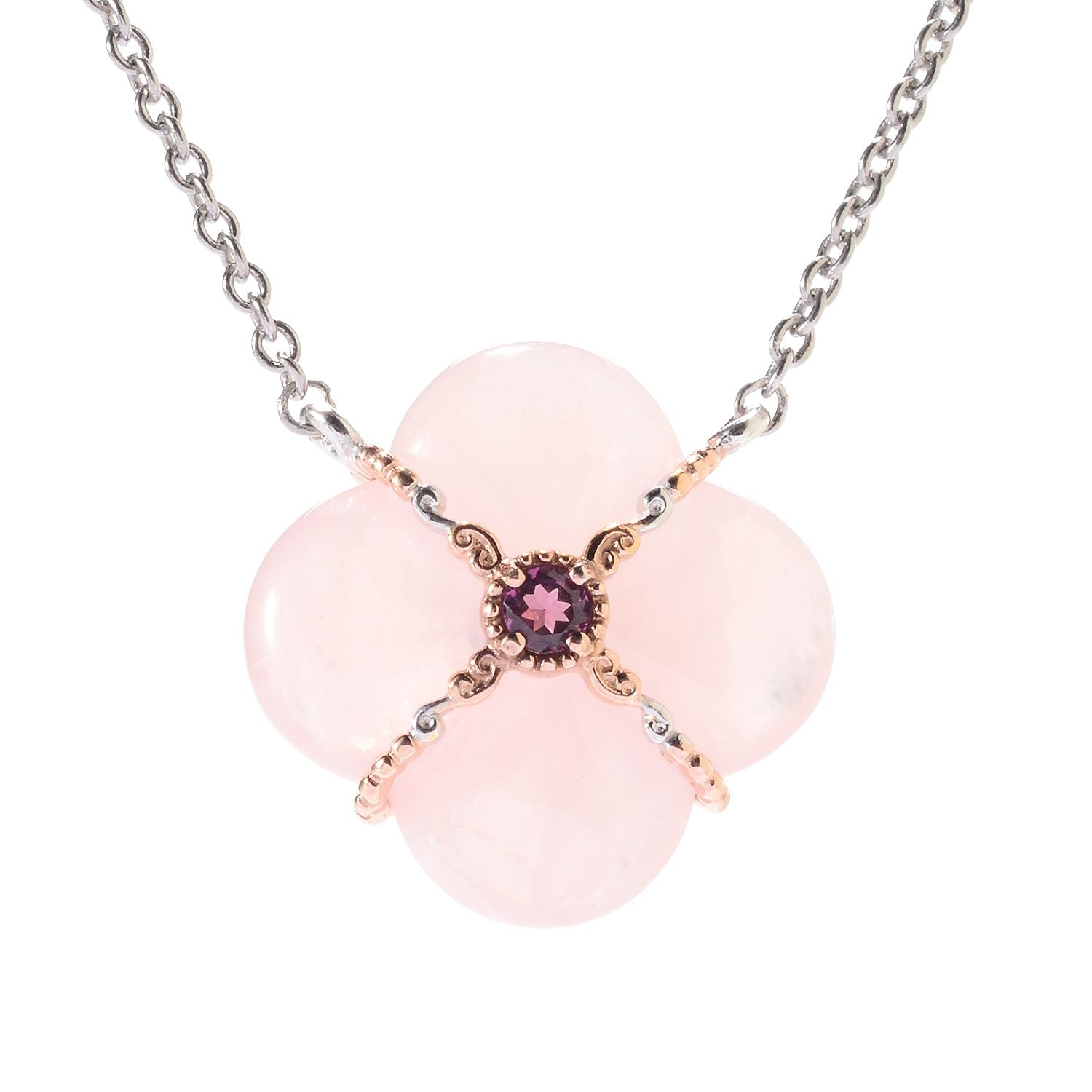 Gems en Vogue Rose Quartz & Rhodolite Garnet Special Cut Flower Necklace
