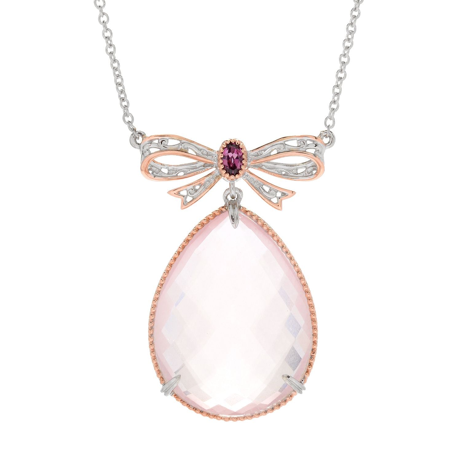 Gems en Vogue 35.77ctw Rose Quartz & Rhodolite Garnet Bow Tie Necklace