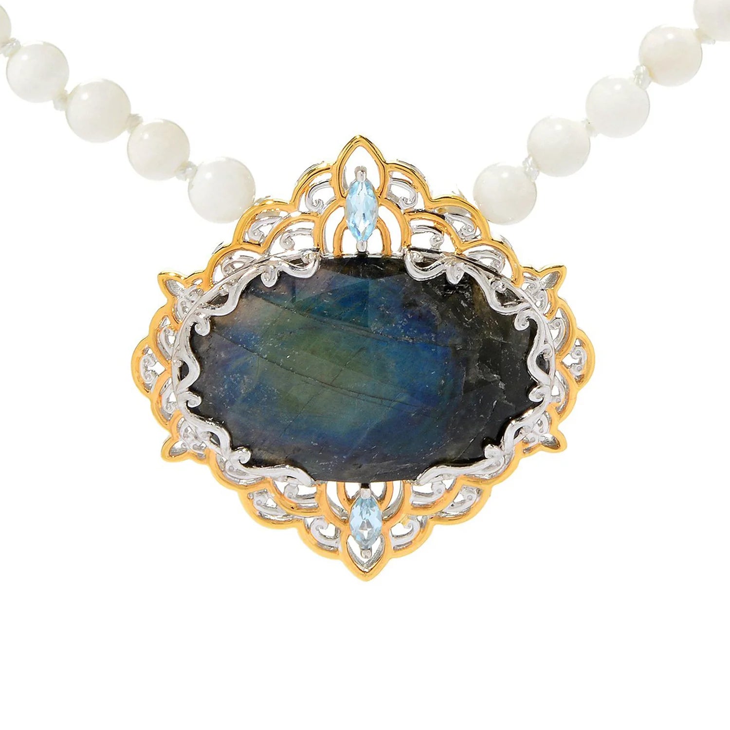 Gems en Vogue Spectrolite Sky Blue Topaz & White Coral Necklace