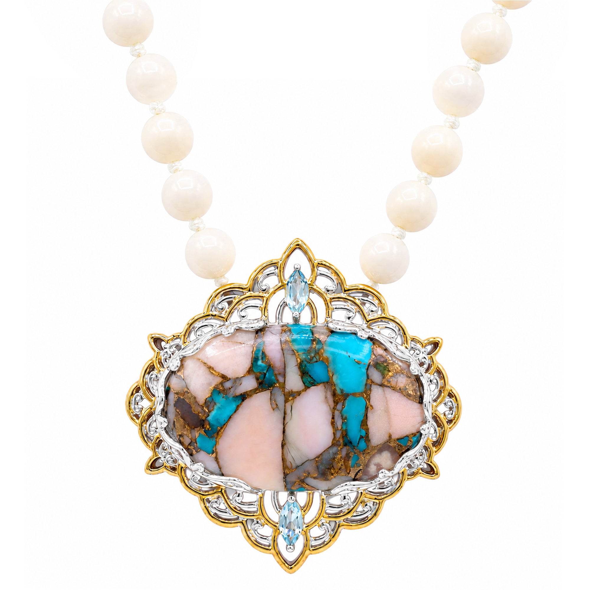 Gems en Vogue 24K Palladium Silver Pink Opal Turquoise, Blue Topaz & White Coral Necklace