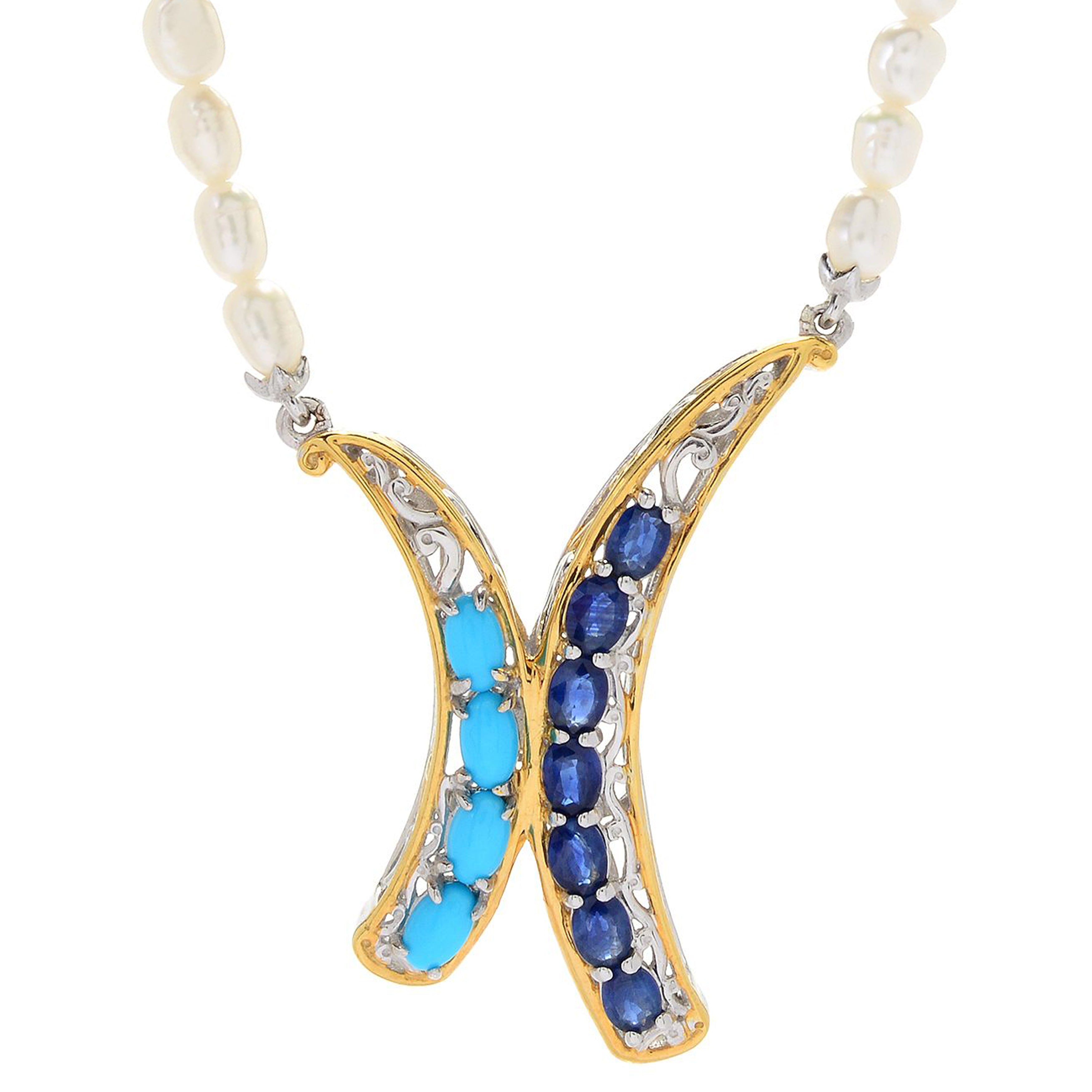 Gems en Vogue Sleeping Beauty Turquoise, Royal Blue Sapphire & Rice Pearl Necklace