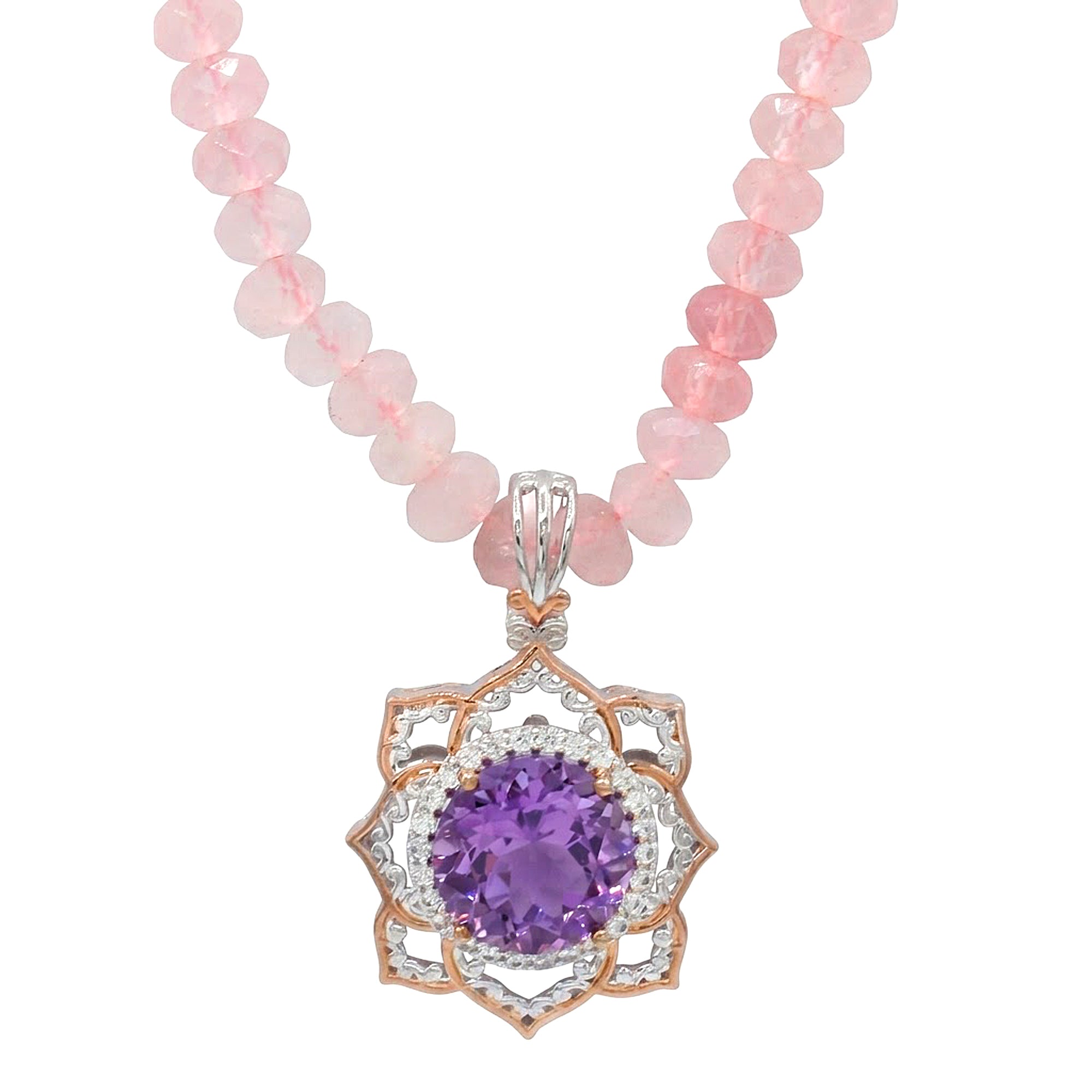Gems en Vogue 18K Palladium Silver 6.38ctw Pink Amethyst, White Zircon & Rose Quartz Bead Flower Necklace