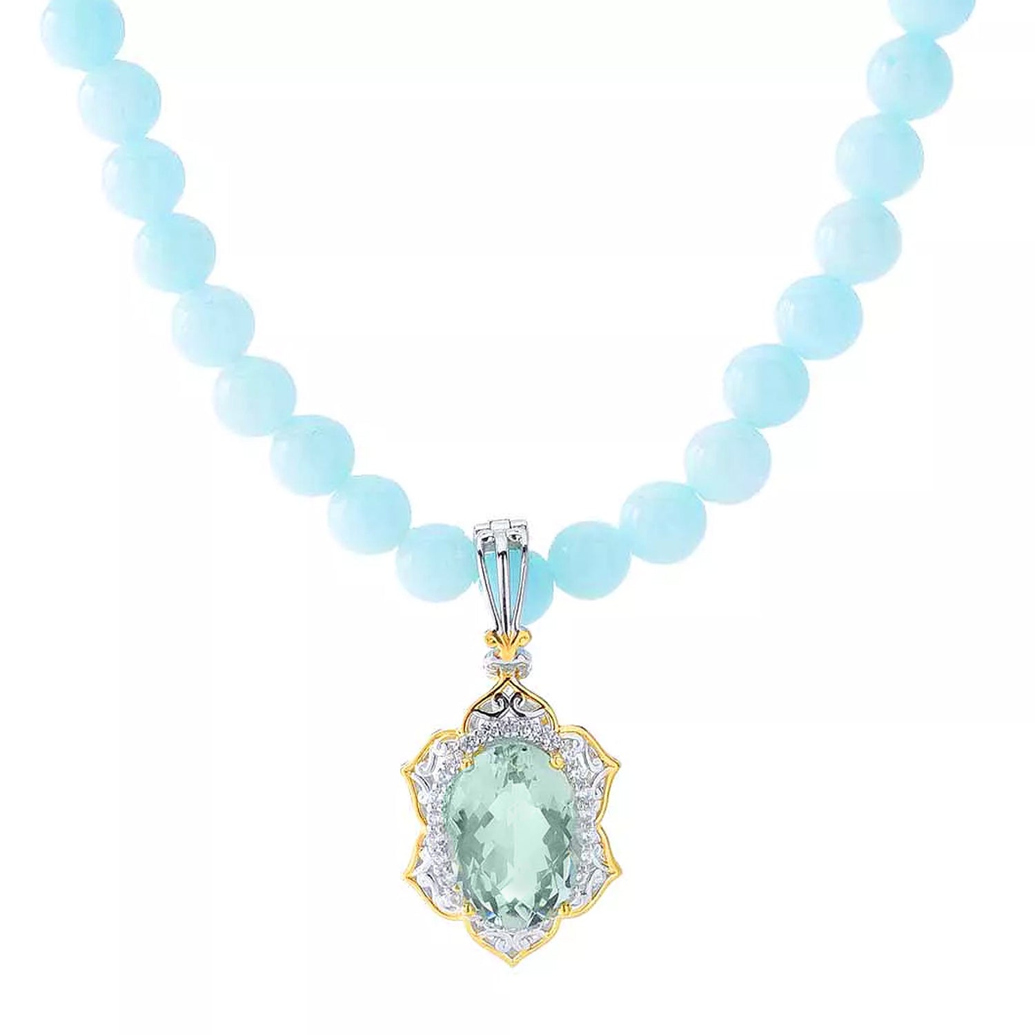 Gems en Vogue 10.52ctw Prasiolite, White Zircon & Chalcedony Beaded Necklace