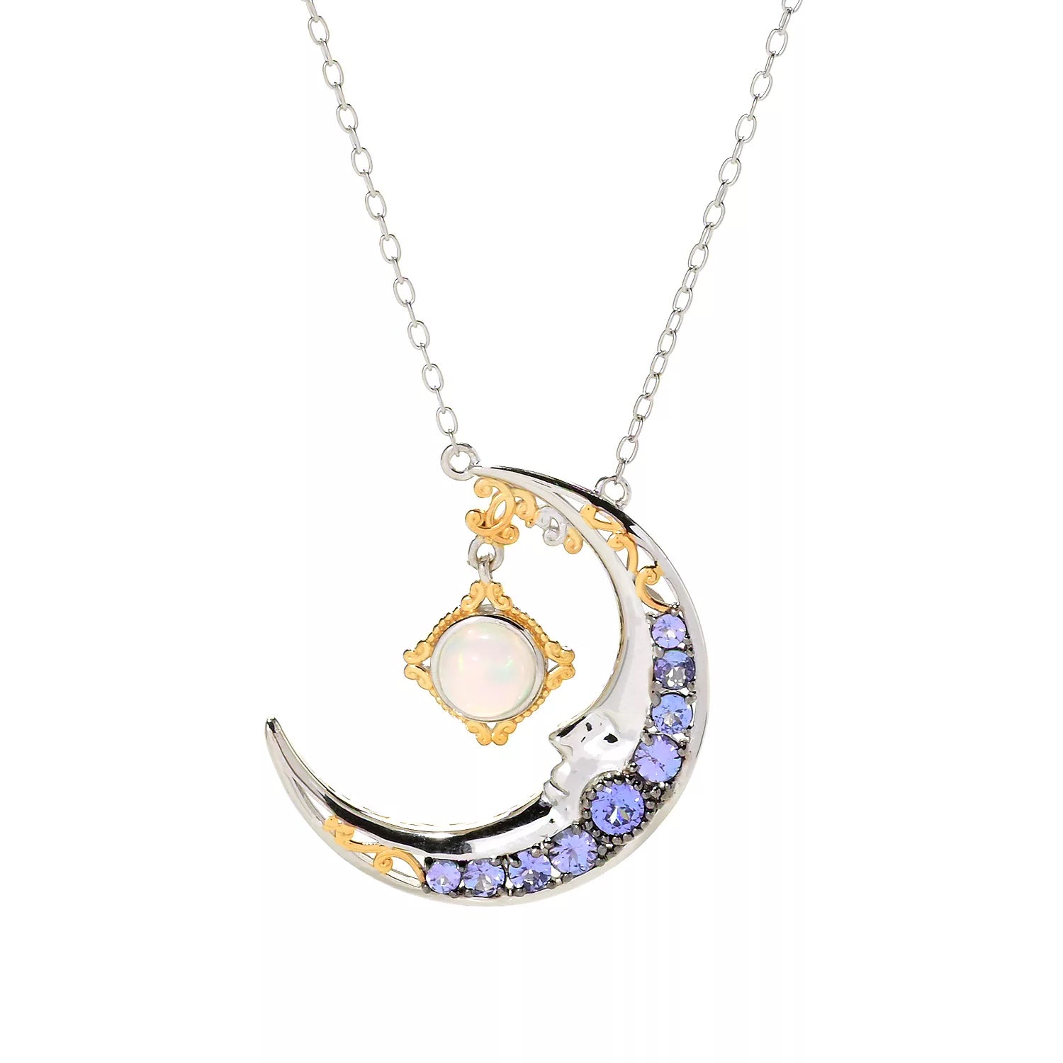 Gems en Vogue 1.07ctw Ethiopian Opal & Tanzanite Crescent Moon Necklace