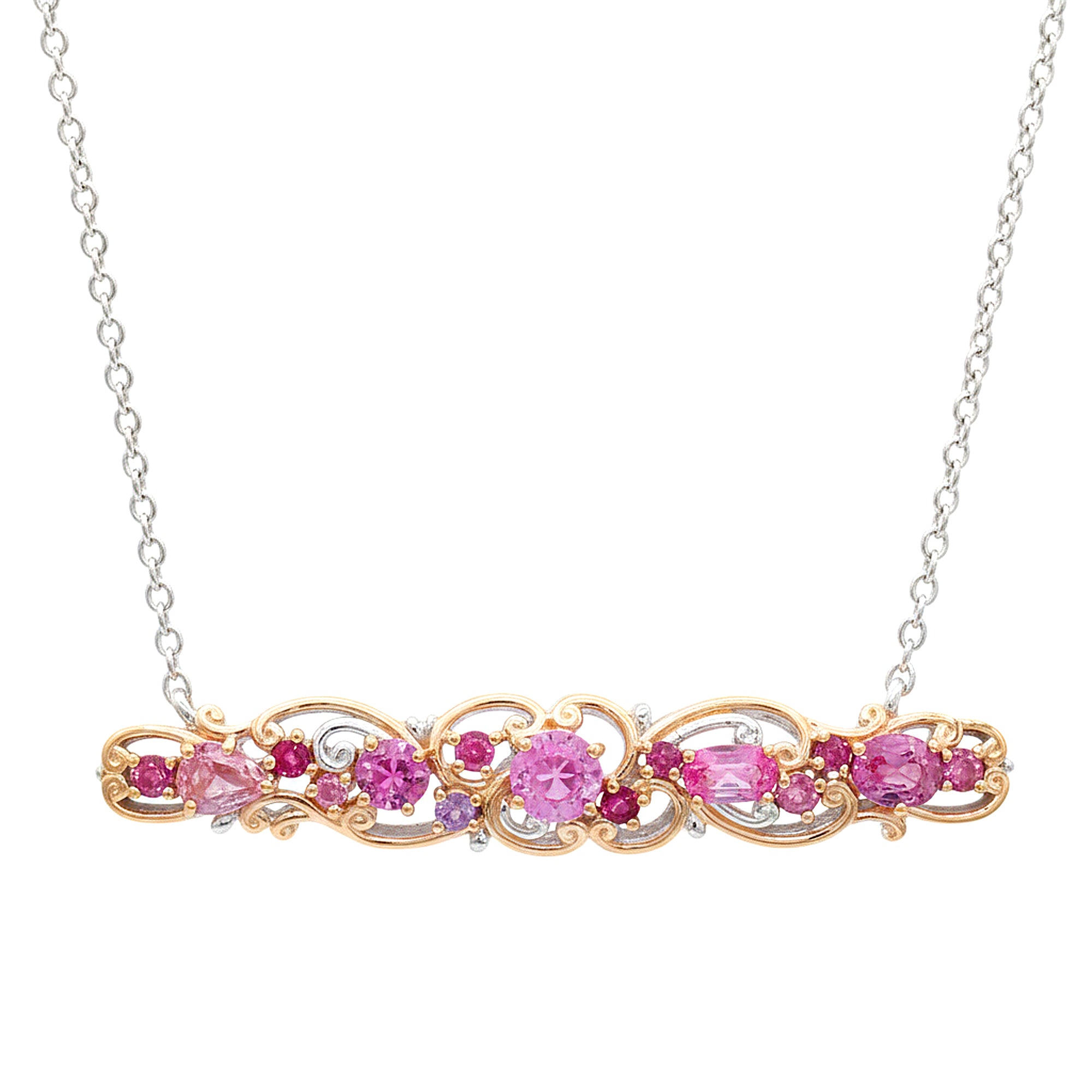 Gems en Vogue 18K Palladium Silver 2.57ctw Pink Sapphire & Multi Gemstones Bar Necklace
