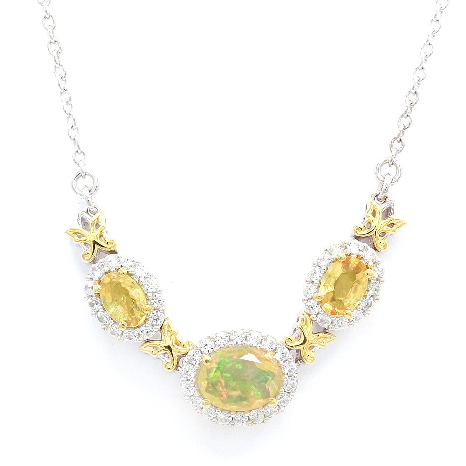 Gems en Vogue 3.46ctw Ethiopian Opal, Yellow Sapphire & White Zircon Necklace