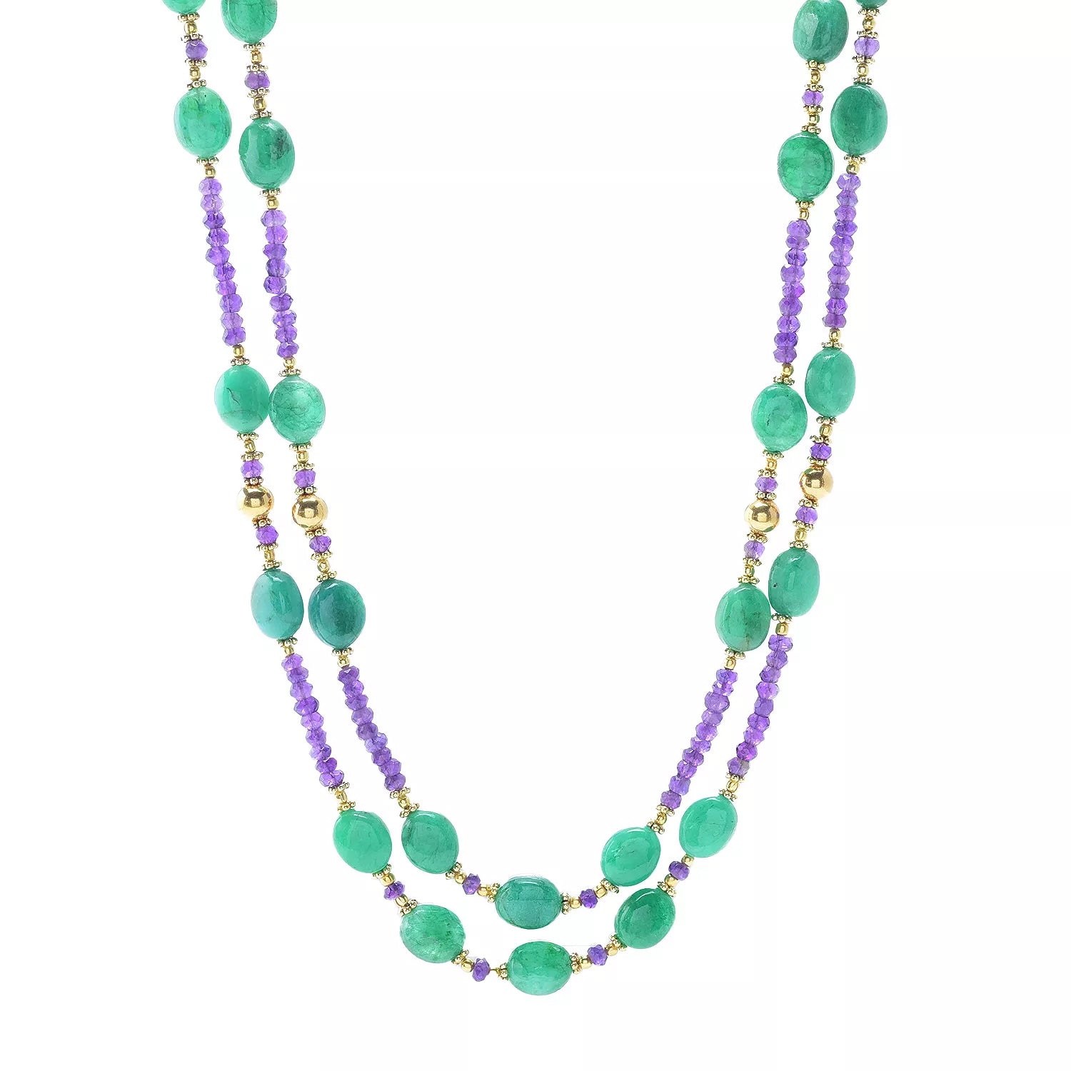 Collier double rangs de perles roulées émeraude et améthyste Gems en Vogue