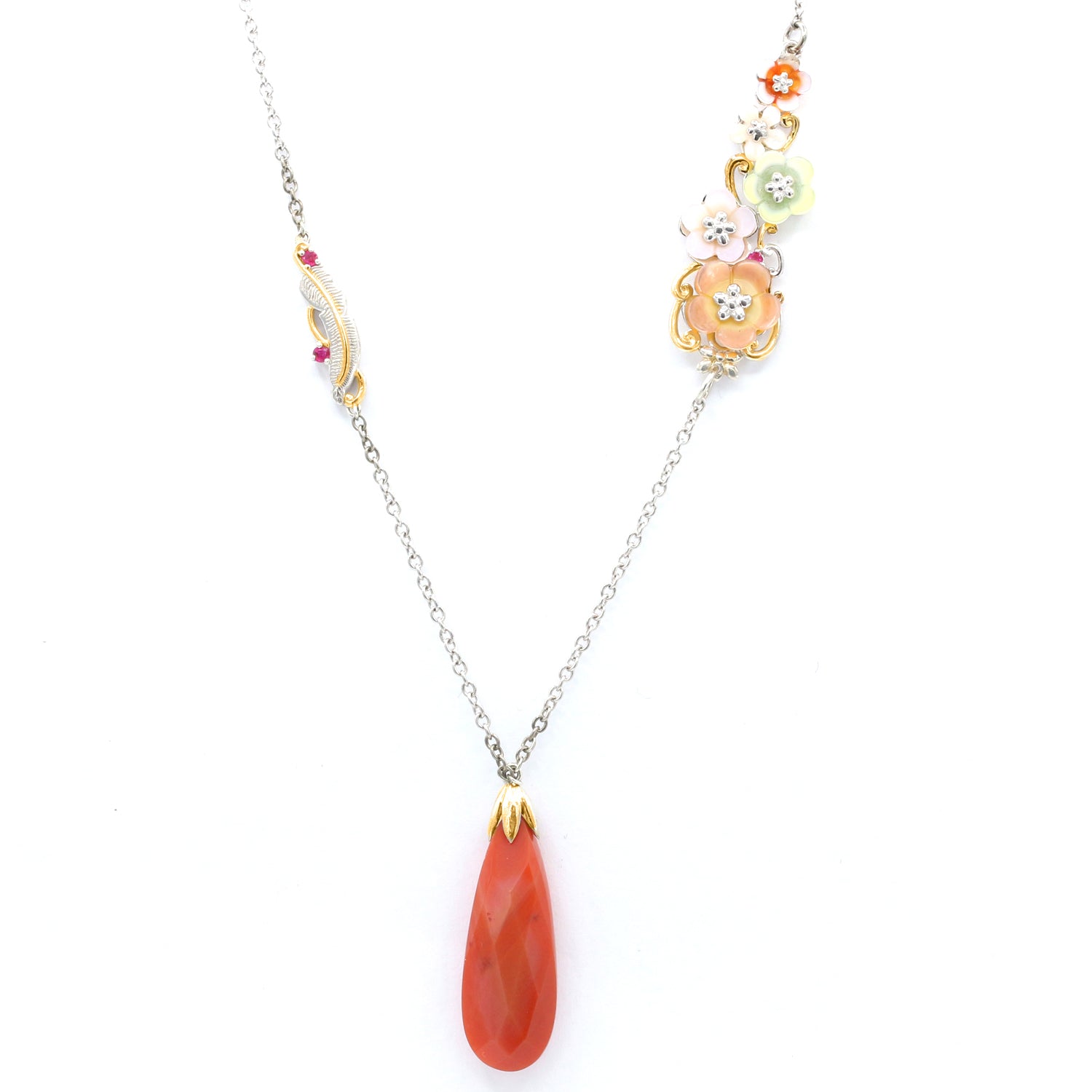 Gems en Vogue One-of-a-kind Carnelian, Ruby & Multi Mother-of-Pearl Shell Feather Flower Necklace