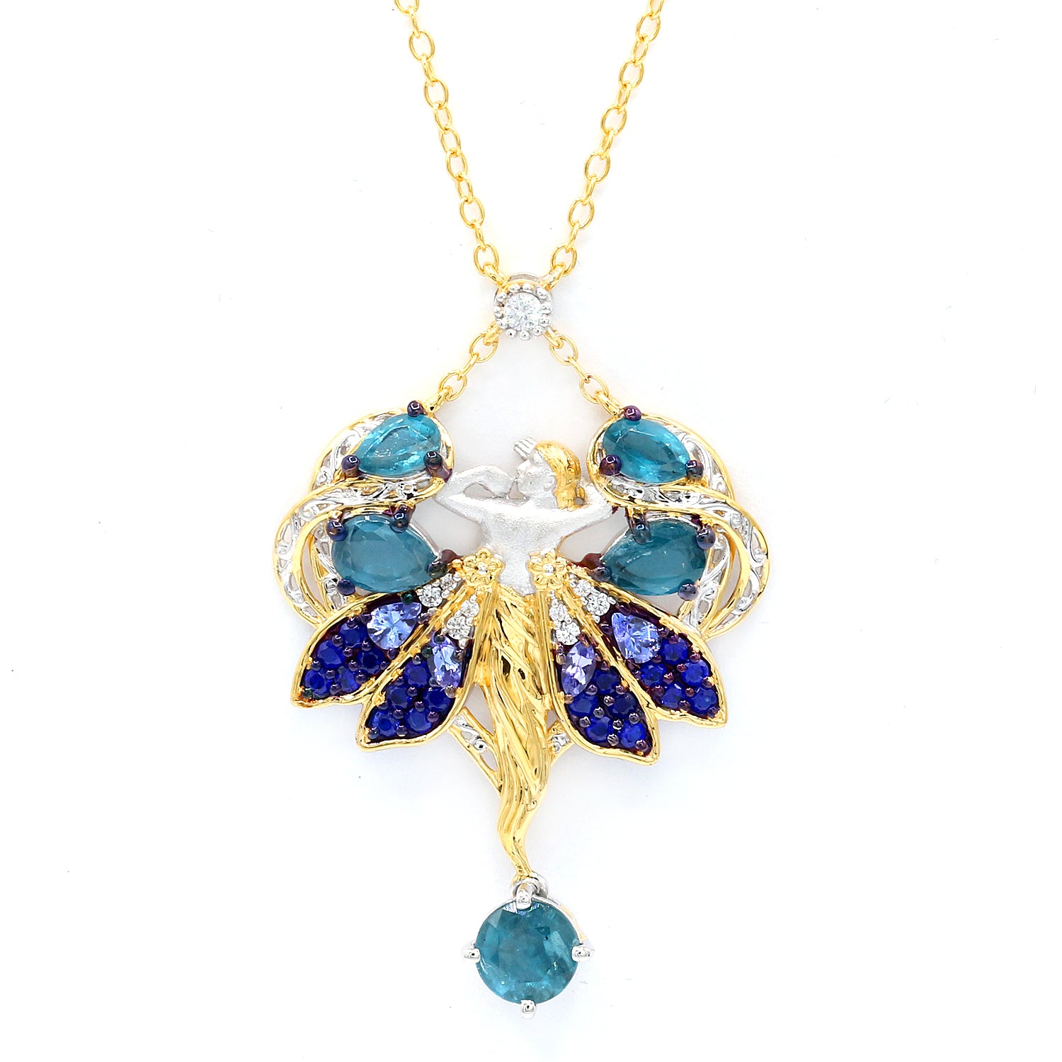 Gems en Vogue 7.02ctw Teal Kyanite, Cobalt Blue Spinel & White Zircon Fairy Necklace