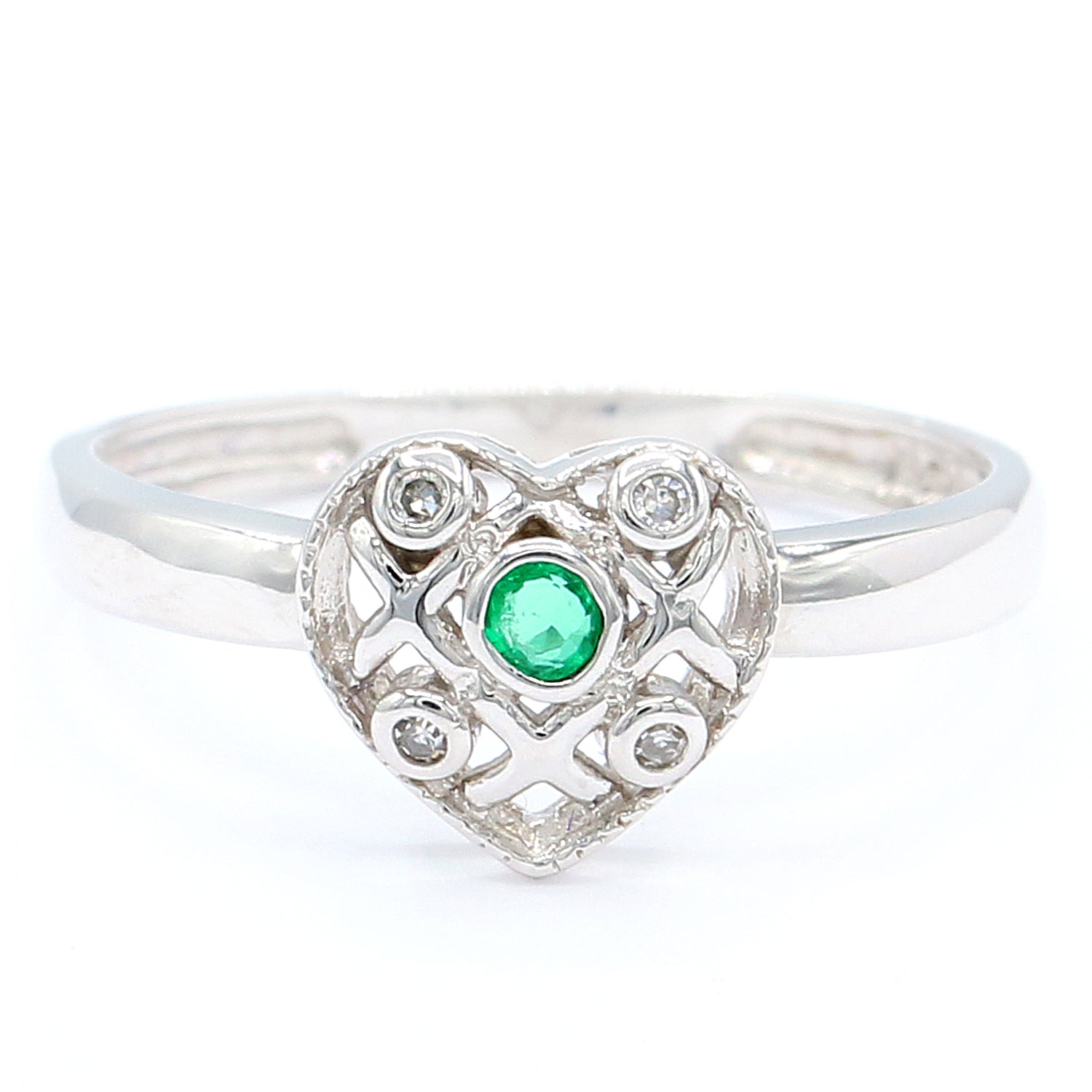 Golden Jewel 14K White Gold 0.06ctw Emerald & Diamond Heart Ring