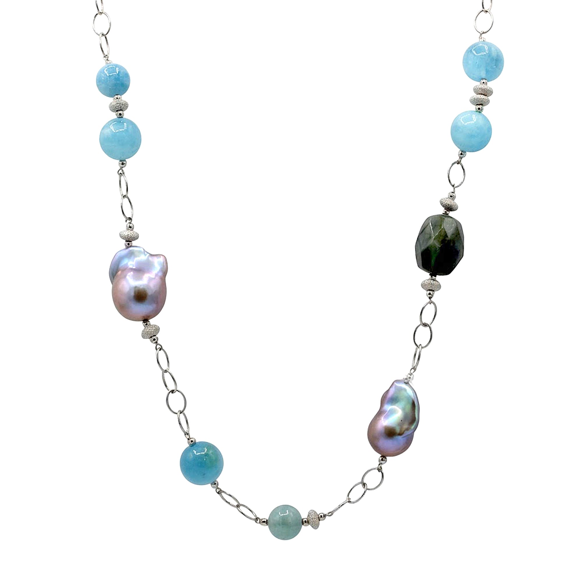 Hall of Jewels Labradorite, Freshwater Cultured Pearls & Aquamarine Necklace