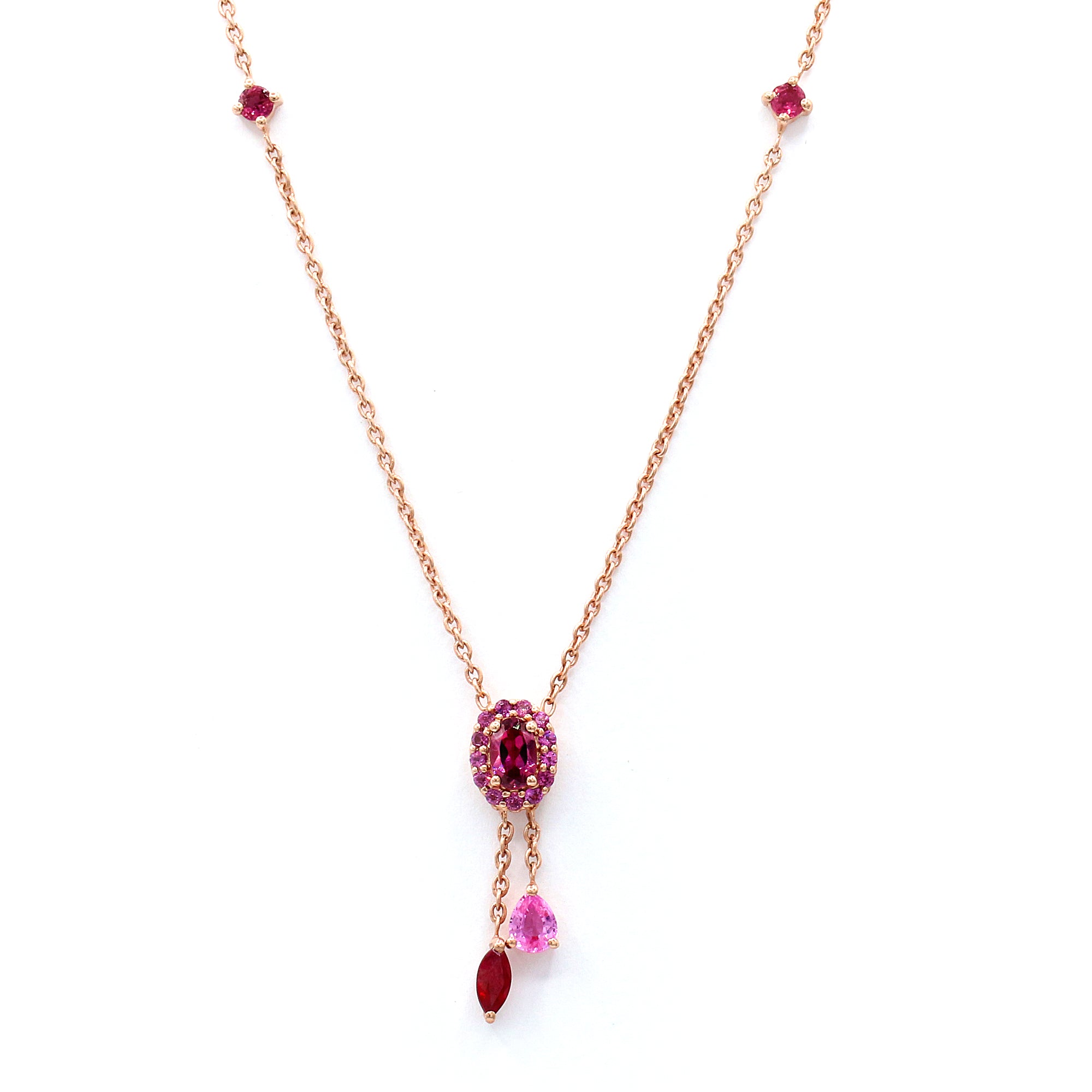 Hall of Jewels 1.63ctw Rose Garnet & Multi Gemstones Shades of Pink Asymmetrical Necklace