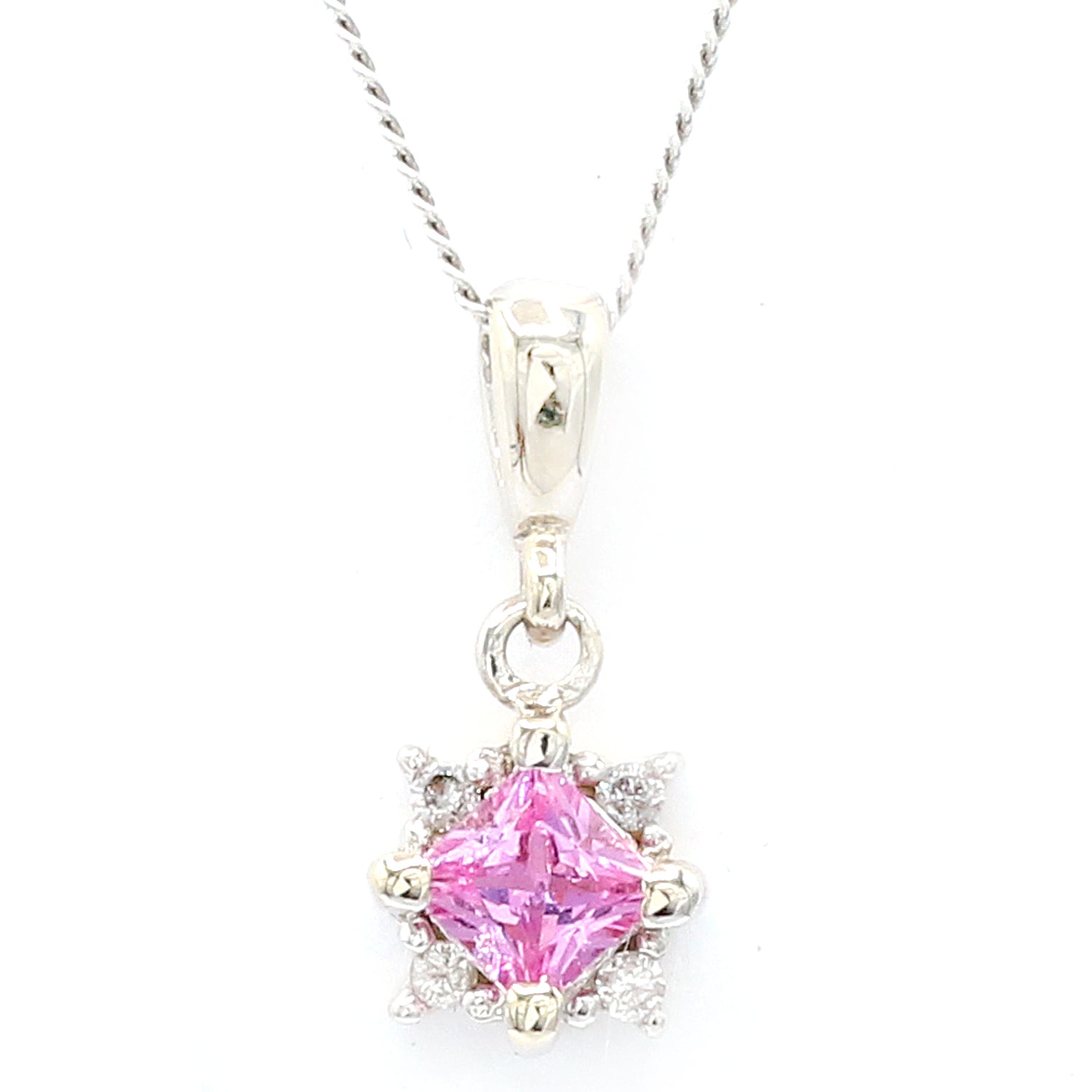 Golden Jewel 14K White Gold Pink Sapphire & Diamond Pendant on 16" cable link chain