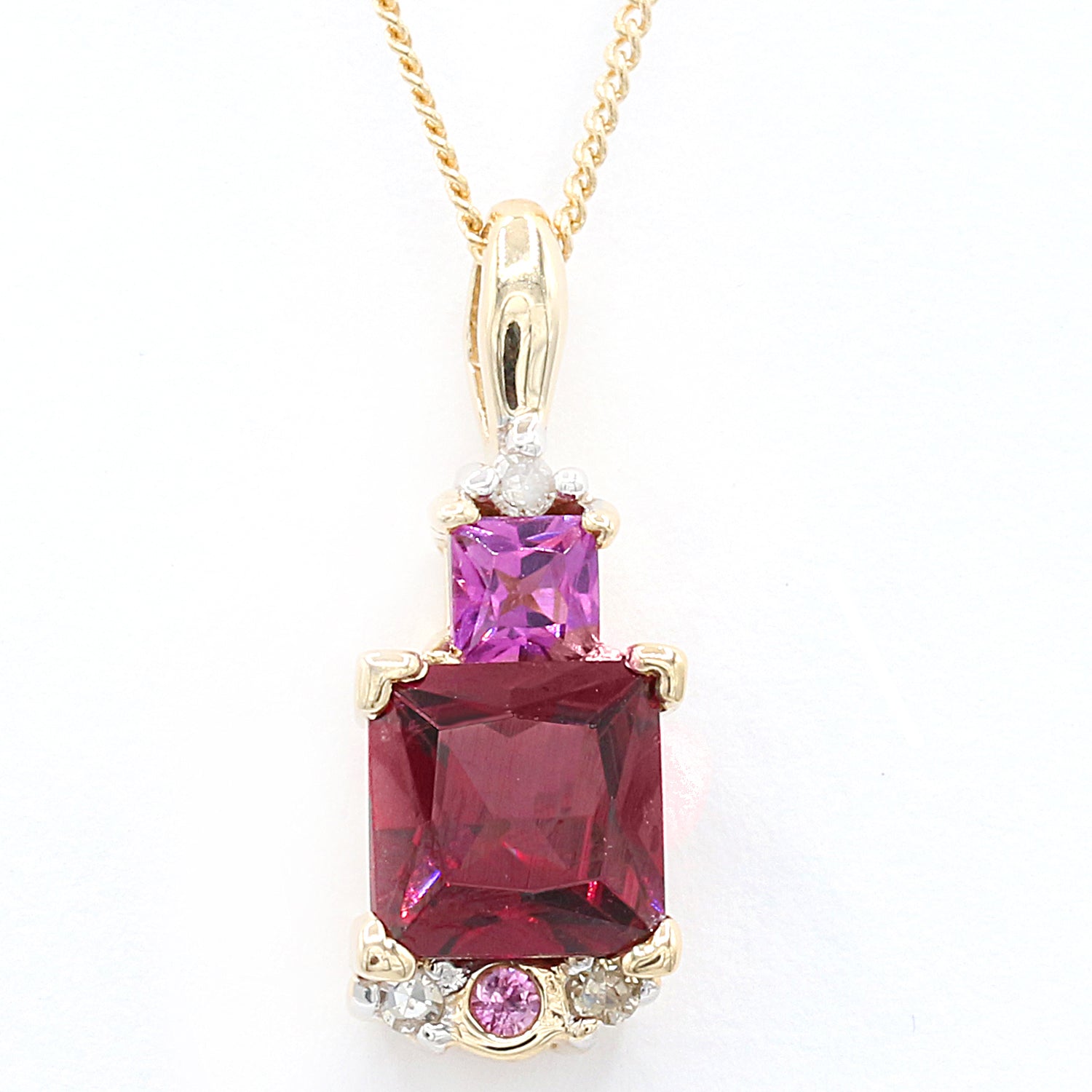 Golden Jewel 14K Yellow Gold 1.81ctw Rhodolite Garnet, Pink Sapphire & Diamond Pendant