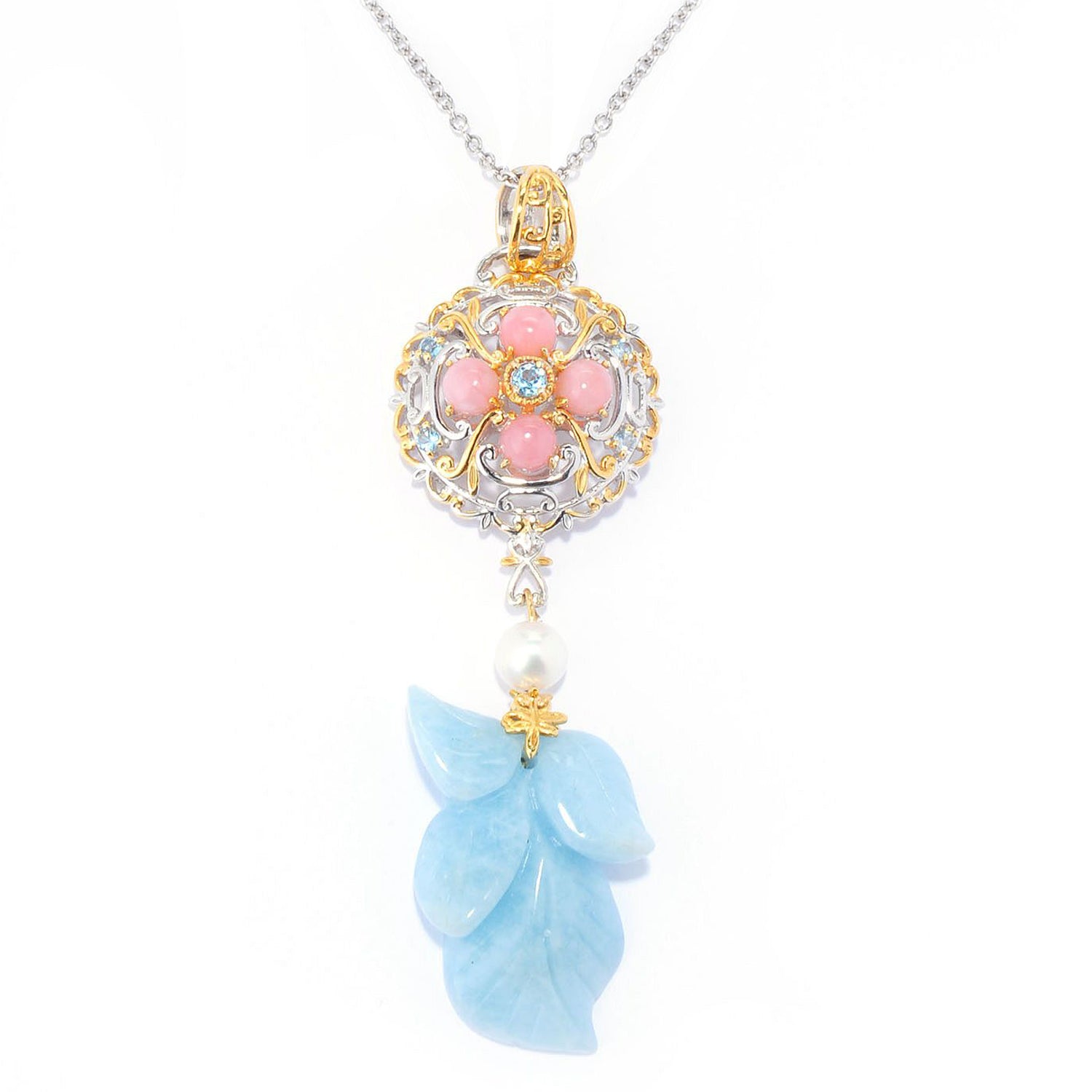 Gems en Vogue Aquamarine, Pink Opal & Multi Gemstones Leaf Pendant