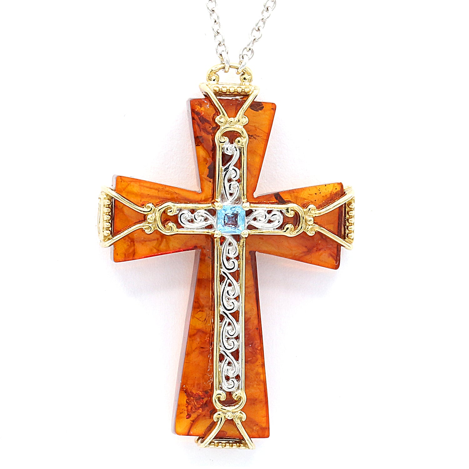 Gems en Vogue 0.98ctw African Amethyst & Swiss Blue Topaz Amber Cross Pendant