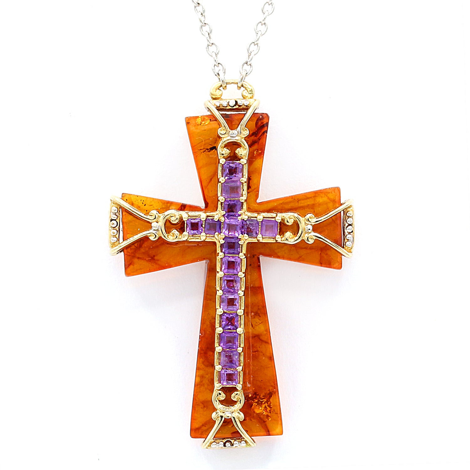 Gems en Vogue 0.98ctw African Amethyst & Swiss Blue Topaz Amber Cross Pendant