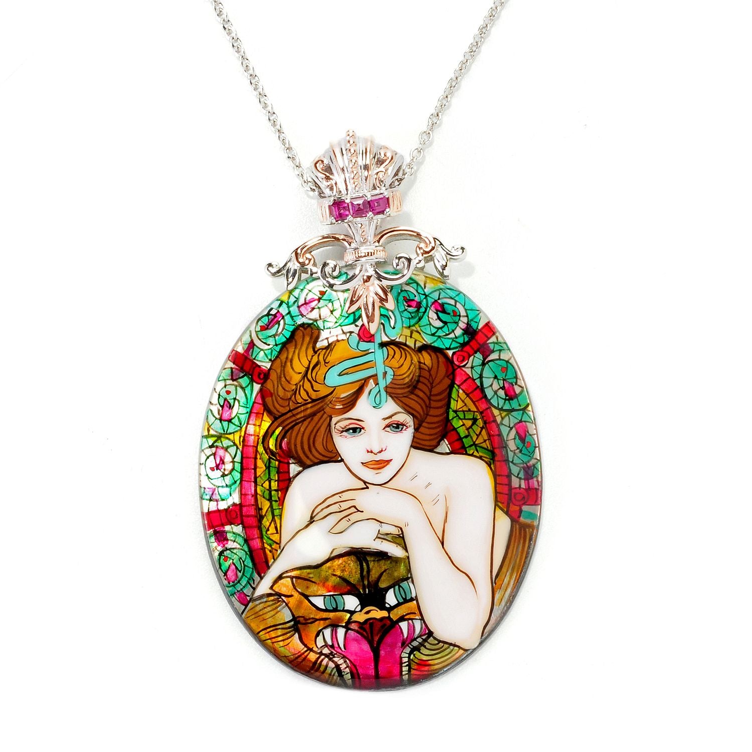 Gems en Vogue Hand Painted Mother-of-Pearl Shell & Rhodolite Garnet Lady with Snake Pendant