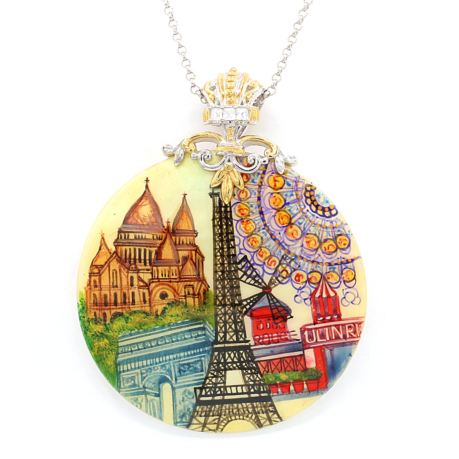 Gems en Vogue Hand-Painted Shell & White Topaz Eiffel Tower Pendant