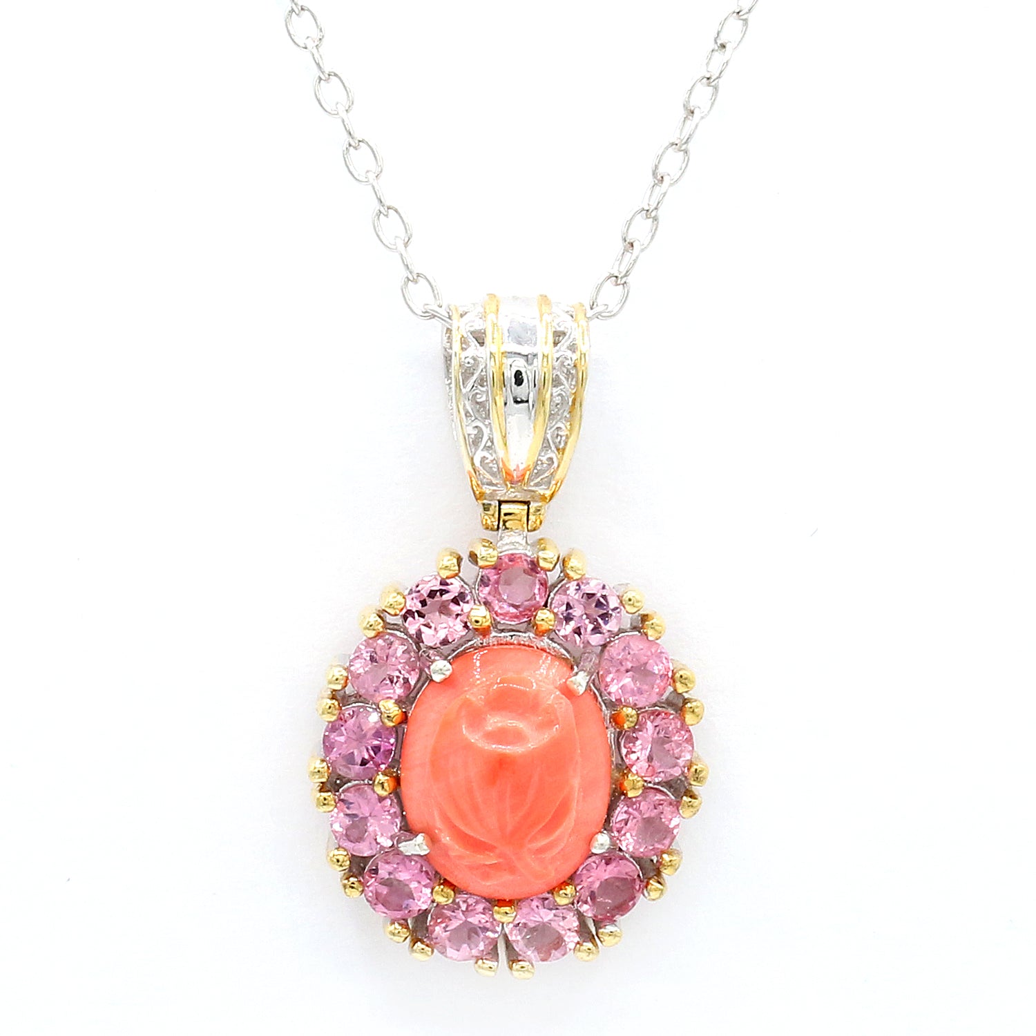 Gems en Vogue One-of-a-Kind Carved Salmon Coral Cameo & Pink Tourmaline Flower Pendant