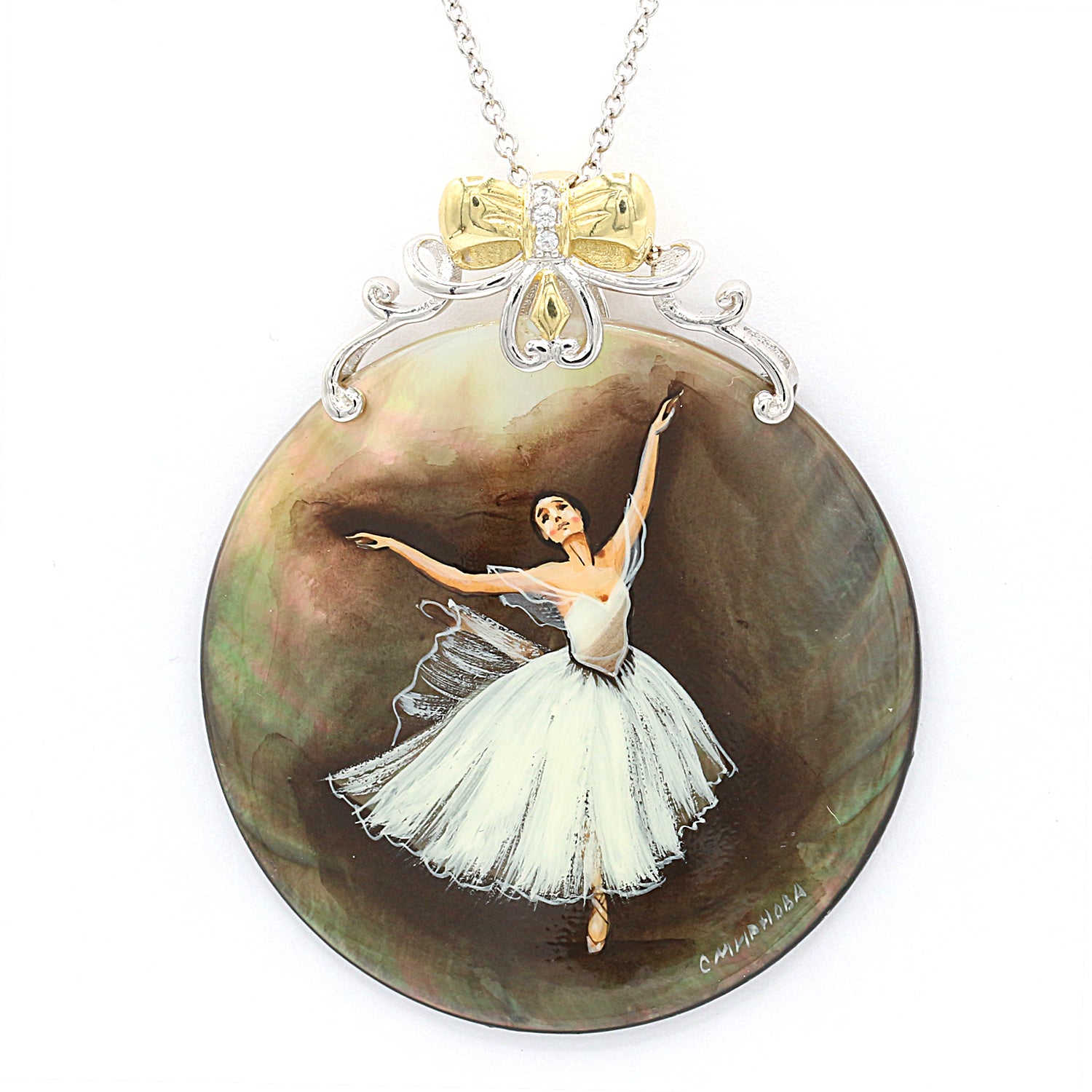 Gems en Vogue Hand Painted Shell & White Topaz Bow Tie Ballet Dancer Pendant