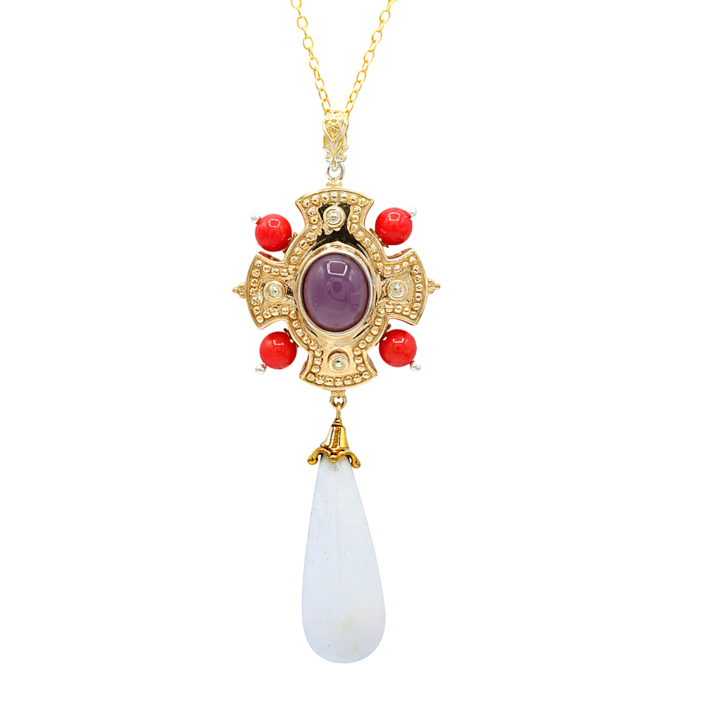 Gems en Vogue 24K Palladium Silver White Agate Drop & Multi Gemstones Pendant